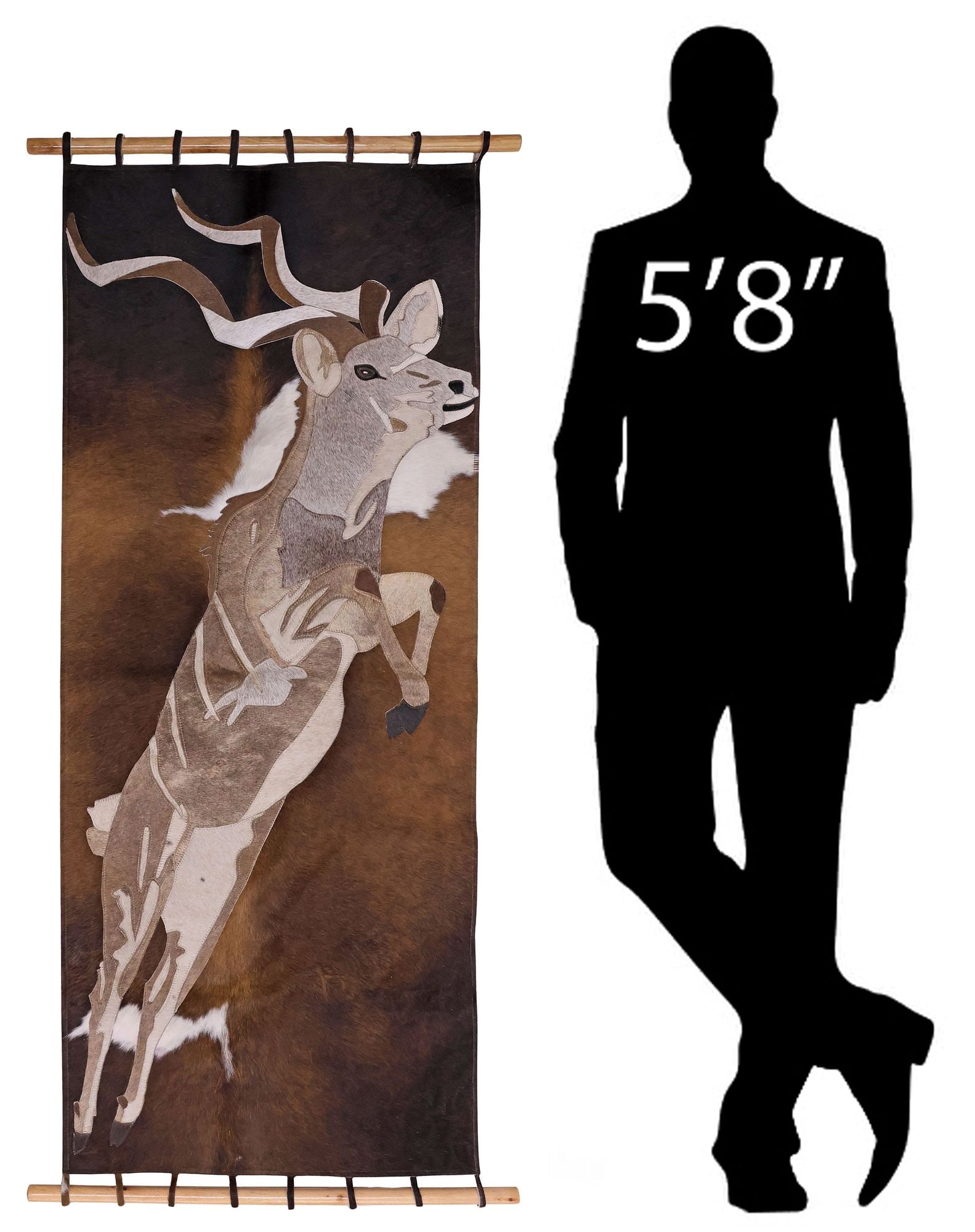 AFRICAN STITCHED COWHIDE WALL-HANGING, LEAPING KUDU ANTELOPE, 64"H: Decorative African stitched hide wall-hanging animal picture, The Leap, depicting a greater kudu suspended in a jump, executed in Nguni hide, partially obscured marker's mark on back, approx 64"h, 30"