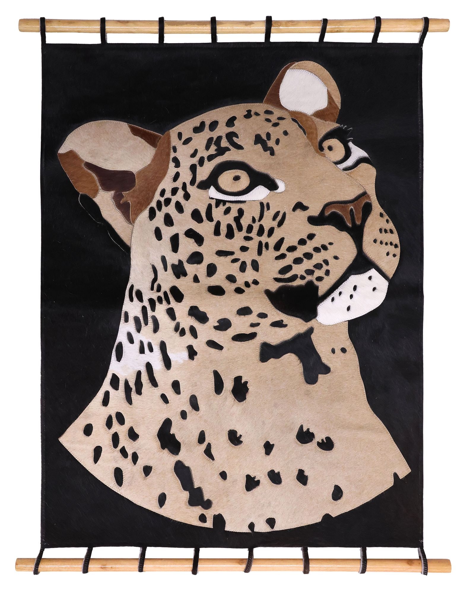 AFRICAN STITCHED COWHIDE WALL-HANGING, GAZING LEOPARD, 40.5"H: Decorative African stitched hide wall-hanging animal picture, Gazing Leopard, maker's mark on back, approx 40.5"h, 31.5"w, 5.5lbs **Provenance: Vukari Art, artisan-crafted from 100% Nguni Cowhide**