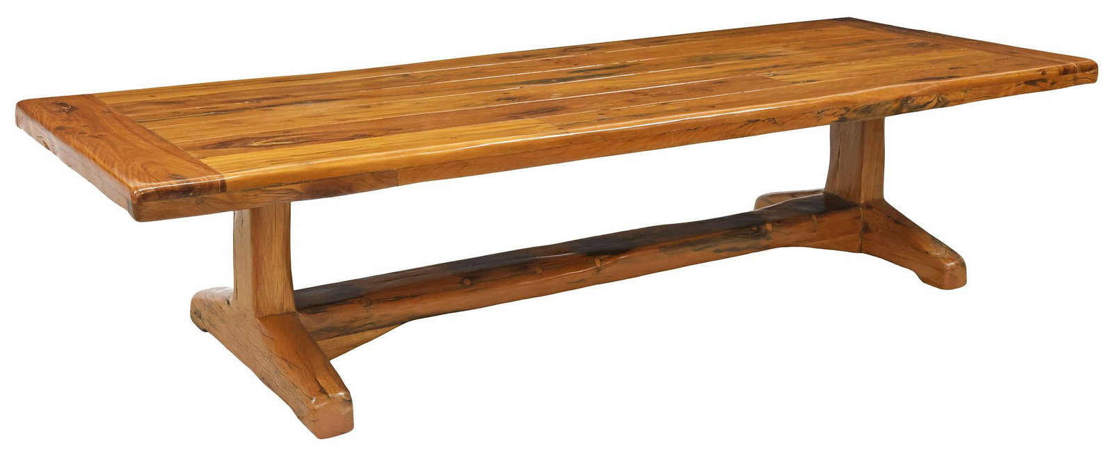 SOUTH AFRICA RAILWOODS COLLECTION RUSTIC HARDWOOD DINING TABLE, 126"L: Heavy rustic hardwood dining table, The Railwoods Collection, South Africa, fashioned from reclaimed untreated railway ties laid in Africa at the turn of the century, rectangular top, rising on stretc