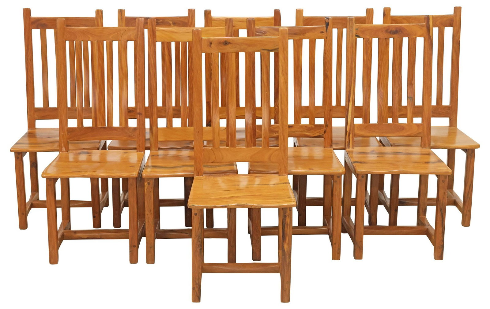 (10) SOUTH AFRICA RAILWOODS COLLECTION RUSTIC HARDWOOD DINING CHAIRS: (lot of 10) Heavy rustic hardwood dining chairs, The Railwoods Collection, South Africa, fashioned from reclaimed untreated railway ties laid in Africa at the turn of the century, each with vertical s