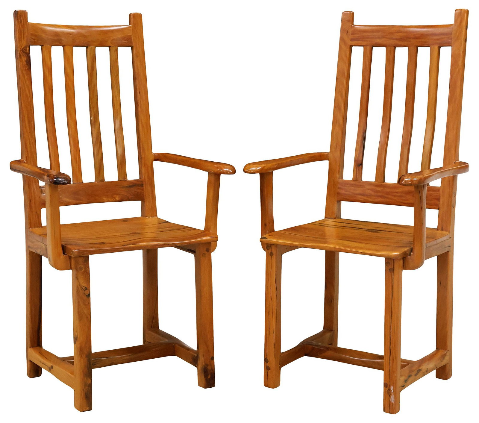 (2) SOUTH AFRICA RAILWOODS COLLECTION RUSTIC HARDWOOD ARMCHAIRS: (pair) Heavy rustic hardwood dining chairs, The Railwoods Collection, South Africa, fashioned from reclaimed untreated railway ties laid in Africa at the turn of the century, each with vertical slat b