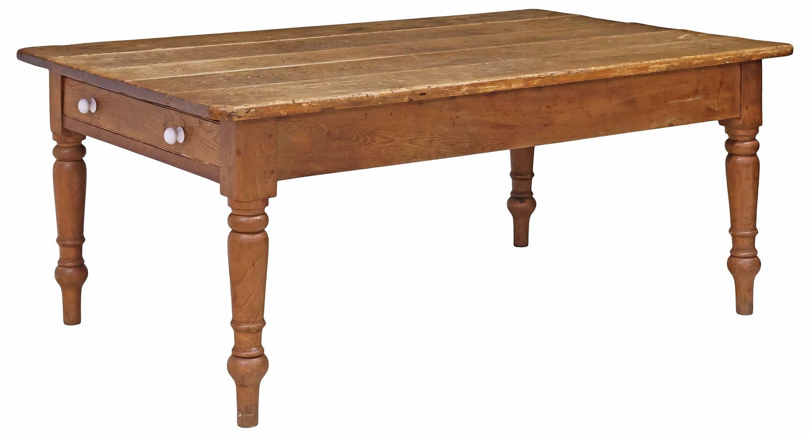 LARGE ENGLISH VICTORIAN PINE 2-DRAWER FARMHOUSE TABLE: Large English Victorian pine farmhouse table, late 19th c., rectangular plank top, either end of apron fitted with a large drawer, rising on turned legs, approx 30.5"h, 73"l, 46"w, floor to bottom of 