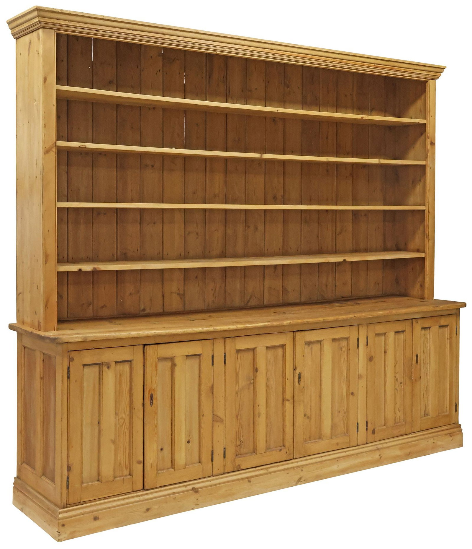 LARGE ENGLISH VICTORIAN PINE KITCHEN DRESSER & RACK, 94.5"H: English Victorian pine kitchen dresser and rack, 19th c., having molded cornice, over four open shelves, lower case equipped with six paneled cabinet doors, each enclosing fixed-height shelving, on pl