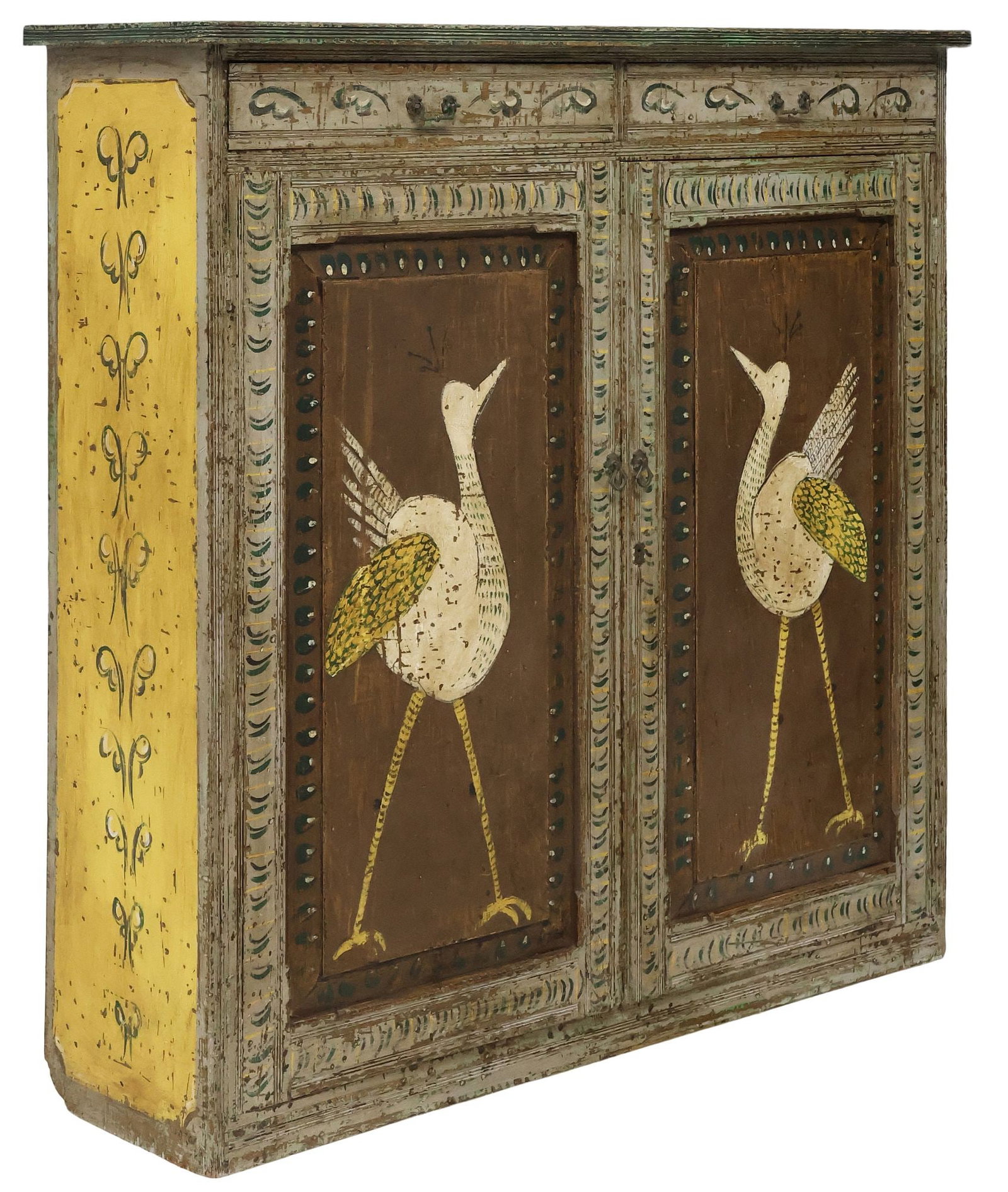 ENGLISH EDWARDIAN PAINT-DECORATED OAK 2-DRAWER CABINET: English Edwardian paint-decorated oak cupboard, early 20th c., in a later, distressed polychrome painted finish, having ribbed cornice, over two drawers, and pair of paneled doors with bird motifs, en