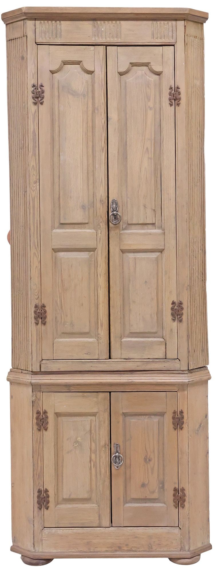 LARGE ENGLISH VICTORIAN PANELED PINE CORNER CABINET, 87"H: English Victorian pine corner cupboard, late 19th c., comprising two stacking tiers, each with pair of paneled cabinet doors, each enclosing fixed-height shelving, flanked by fluted and canted posts, 