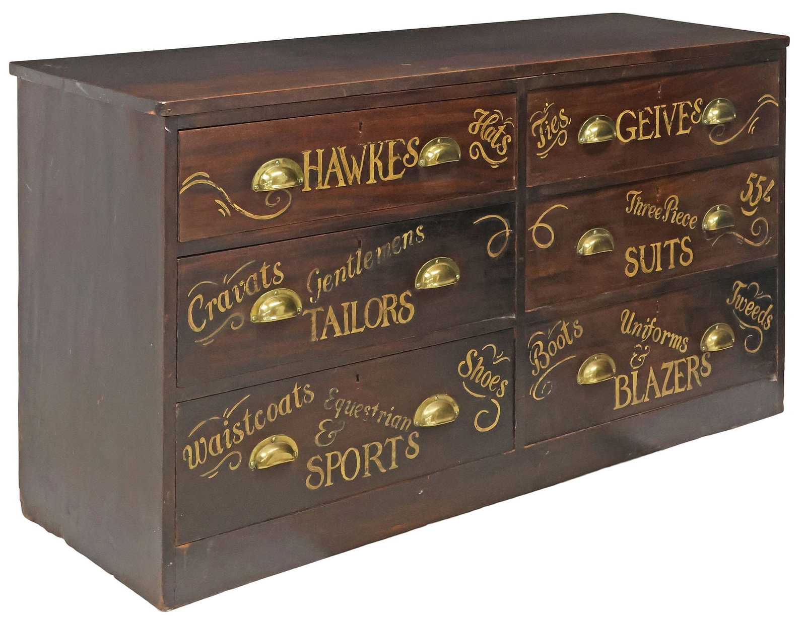ENGLISH PAINT-DECORATED CHEST OF DRAWERS WITH HABERDASHERY ADVERTISING: English Victorian paint-decorated mahogany chest of drawers, late 19th c., fitted with six drawers, each with later-painted haberdashery shop lettering and brass pulls, on plinth base, lock plates mar