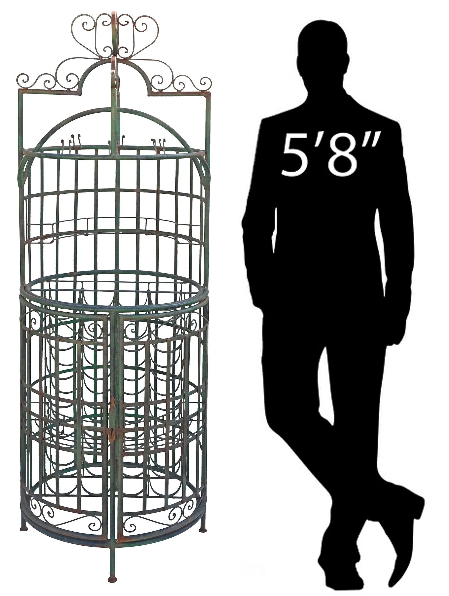 LARGE RUSTIC WROUGHT IRON 28-BOTTLE WINE CAGED WINE RACK, 69.5"H: Rustic wrought iron wine bottle rack, 19th/ early 20th c., of cage form with domed top, issuing six hooks, above pair of doors, each with narrow shelf at the interior, enclosing racks accommodating (t