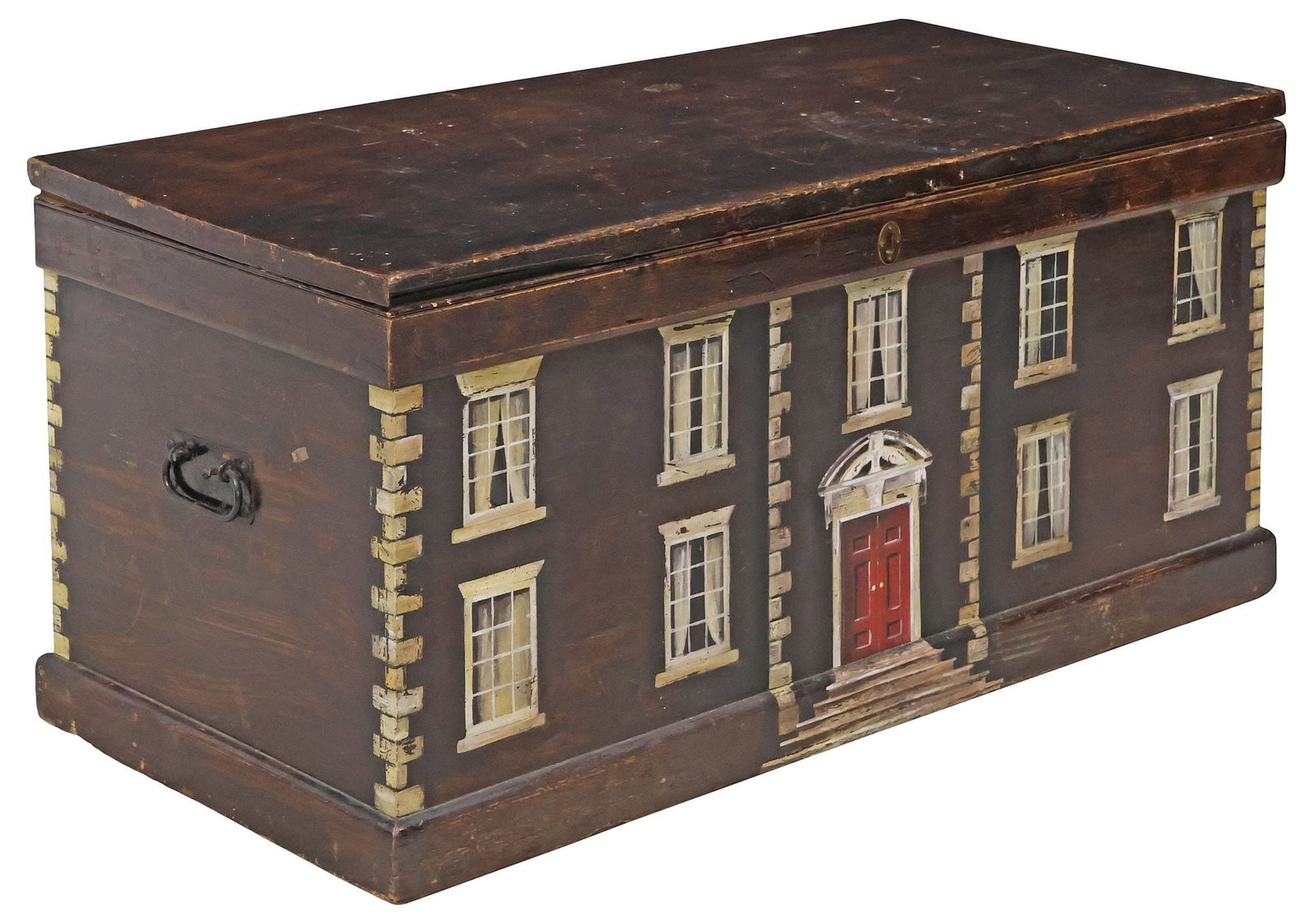 LARGE ENGLISH PAINTED HOUSE FACADE STORAGE CHEST / BLANKET BOX: English paint-decorated pine storage trunk or blanket box, late 19th c., the exterior later painted as a Georgian style house facade, hinged top revealing open interior storage and side till, flanked 