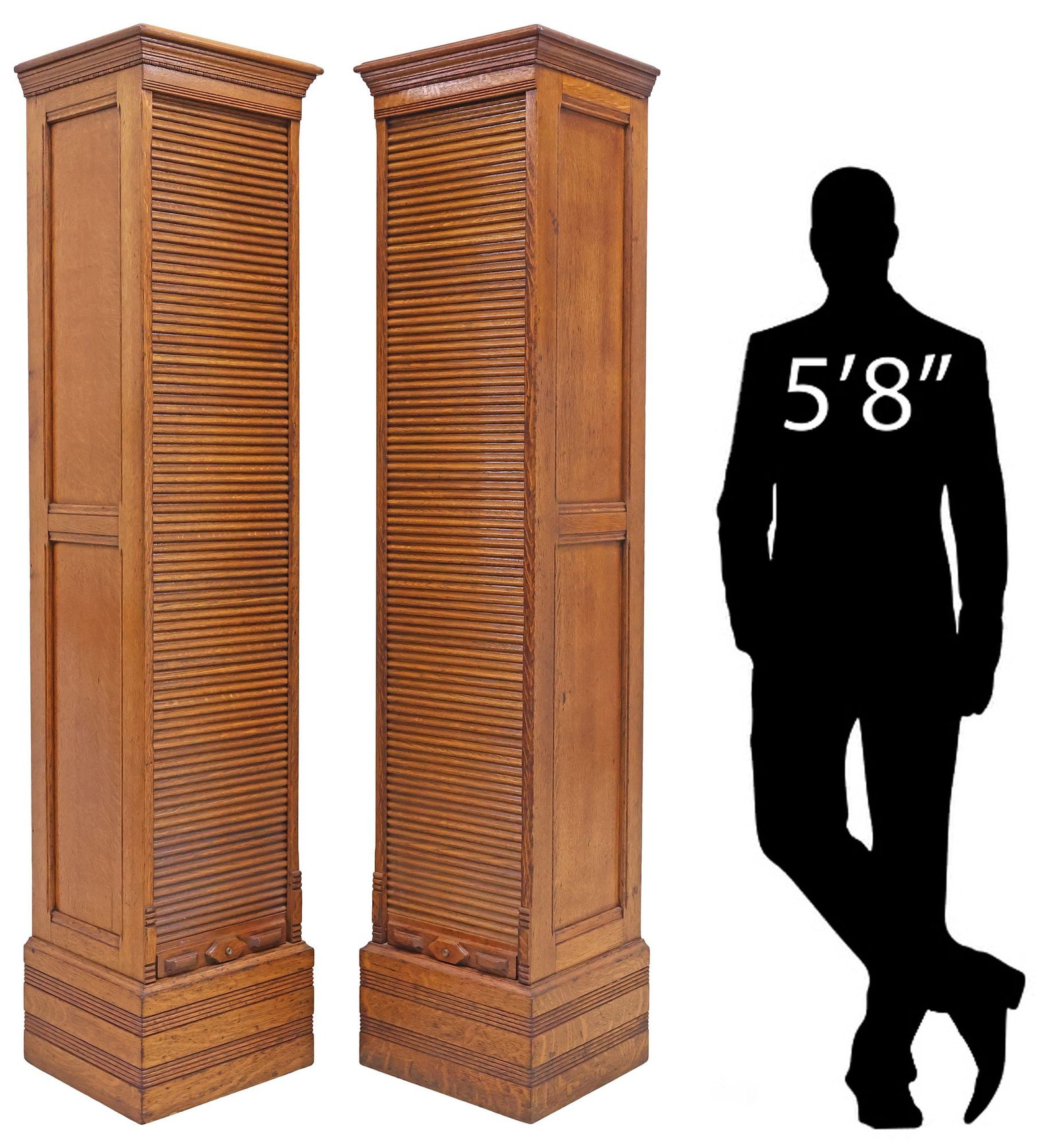(2) AMBERG'S IMPERIAL LETTER FILE AMERICAN OAK-CASED FILING CABINETS: (pair) American "Imperial Letter File" oak filing cabinets, Amberg File and Index Company, late 19th c., rectangular case fitted with fluted tambour door, sliding up to reveal fifteen shallow drawers,