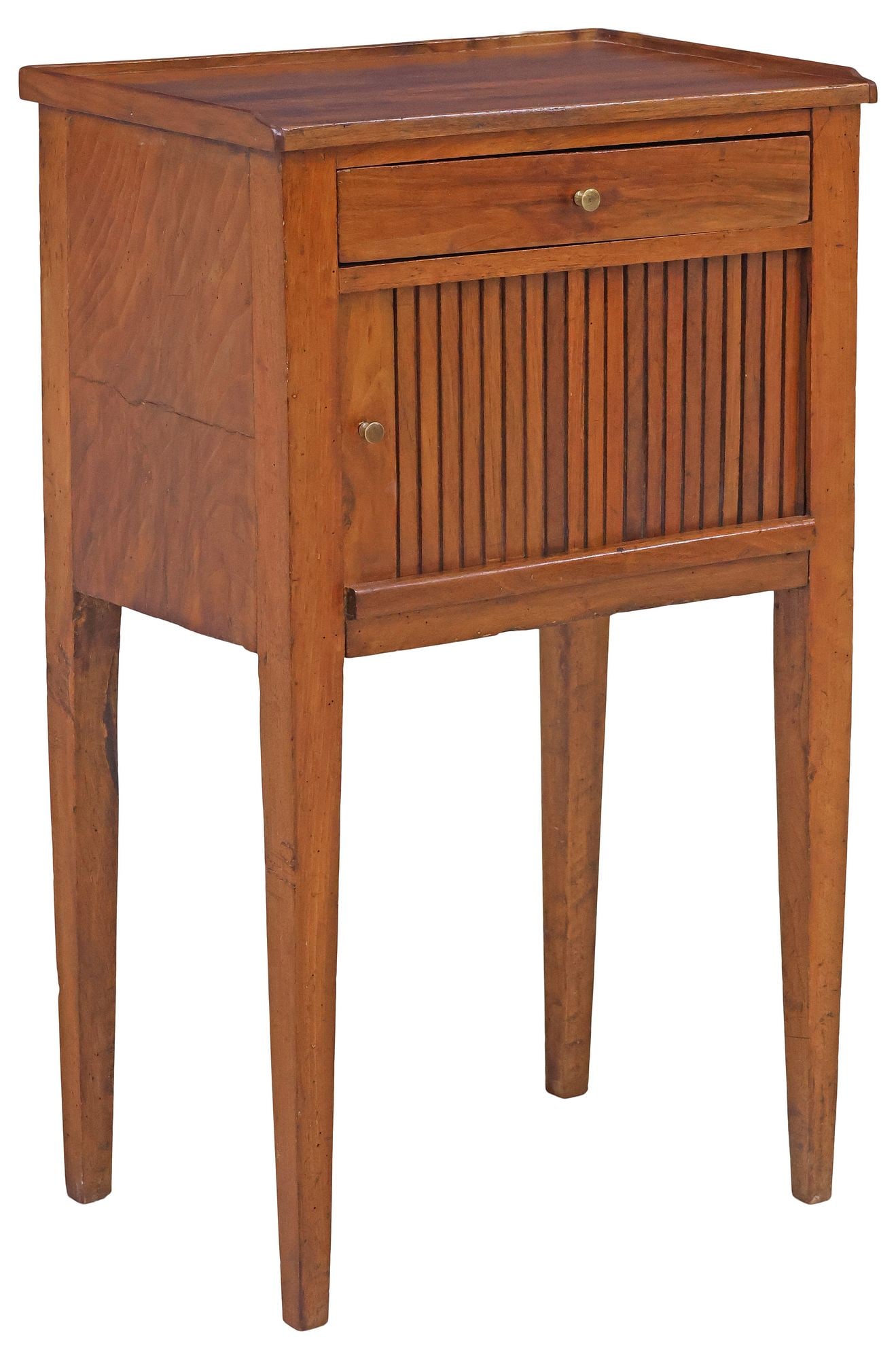 FRENCH PROVINCIAL WALNUT & TAMBOUR NIGHTSTAND: French Provincial walnut bedside cabinet, 19th c., rectangular top with raised three-quarter gallery, above single drawer, and tambour sliding door enclosing open interior storage, approx 30"h, 18"w, 