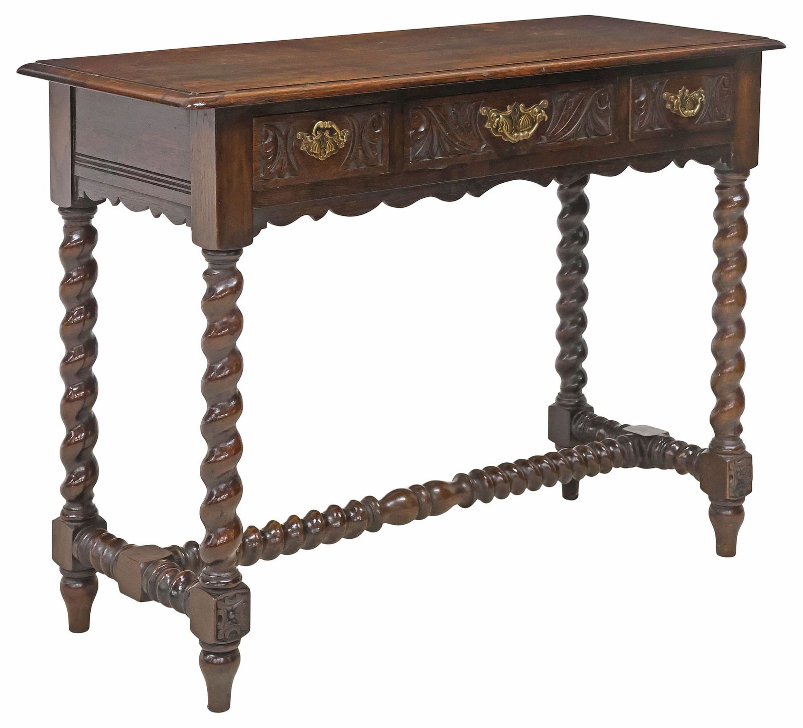 ENGLISH CARVED OAK BARLEY TWIST 3-DRAWER WRITING TABLE: English Victorian carved oak writing table/ desk, late 19th c., rectangular top, over three drawers, with carved scrolling foliates, rising on barley twist supports, joined by H-stretcher, approx 29 3