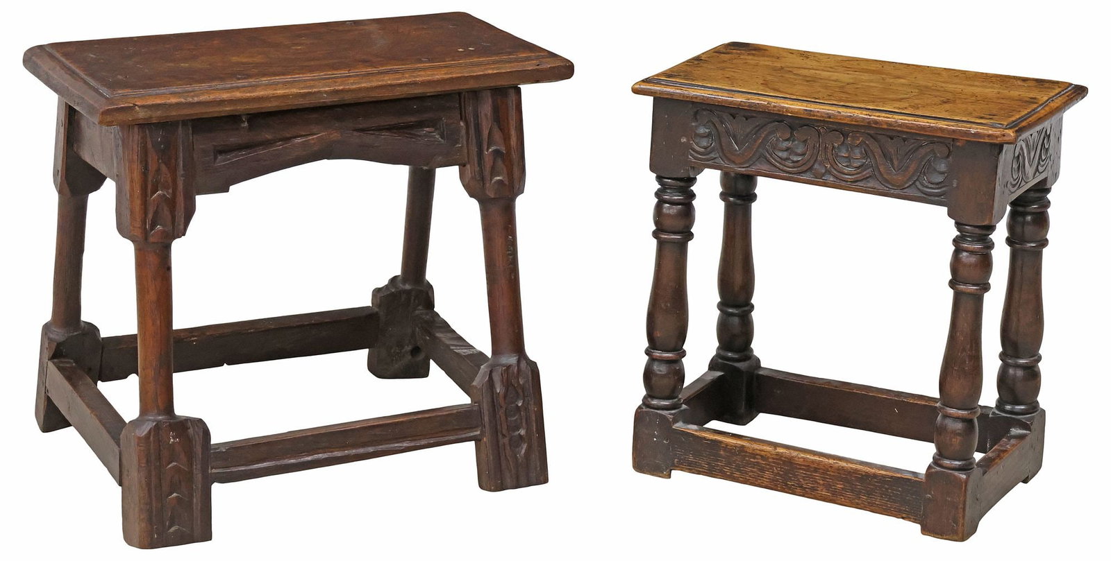 (2) ENGLISH CARVED OAK JOINT STOOLS / TABORETS, 1 GEORGIAN PERIOD: (lot of 2) English oak joint stools or taborets, early 20th c., each having rectangular seat, raised on turned supports joined by box stretcher, varied sizes, including: (1) on chip-carved block feet,