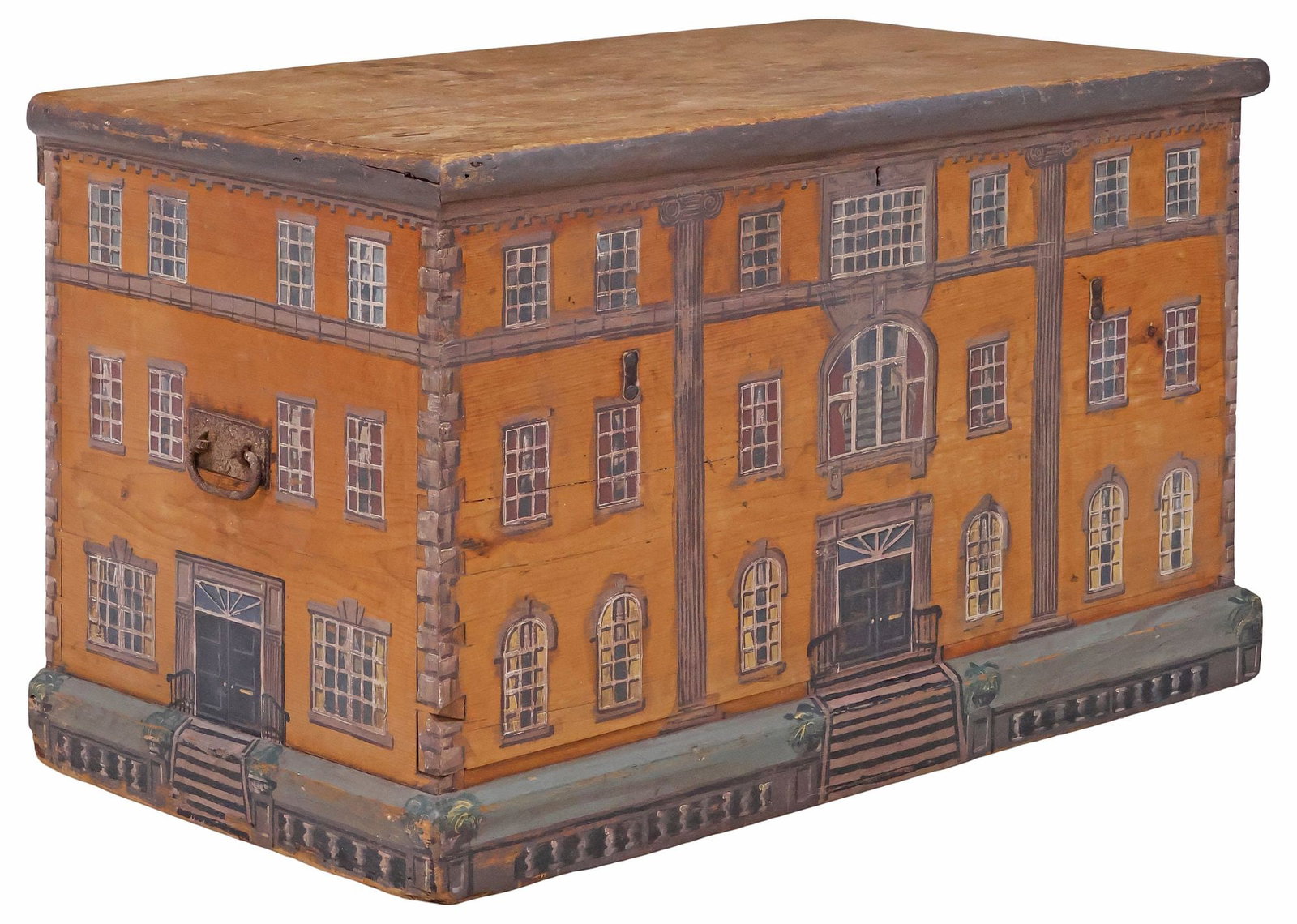 MONUMENTAL ENGLISH PAINTED HOUSE FACADE STORAGE CHEST: Large English paint-decorated pine storage trunk/ blanket box, late 19th c., the exterior later painted as a Georgian style house facade, hinged top revealing open interior storage, flanked by iron si