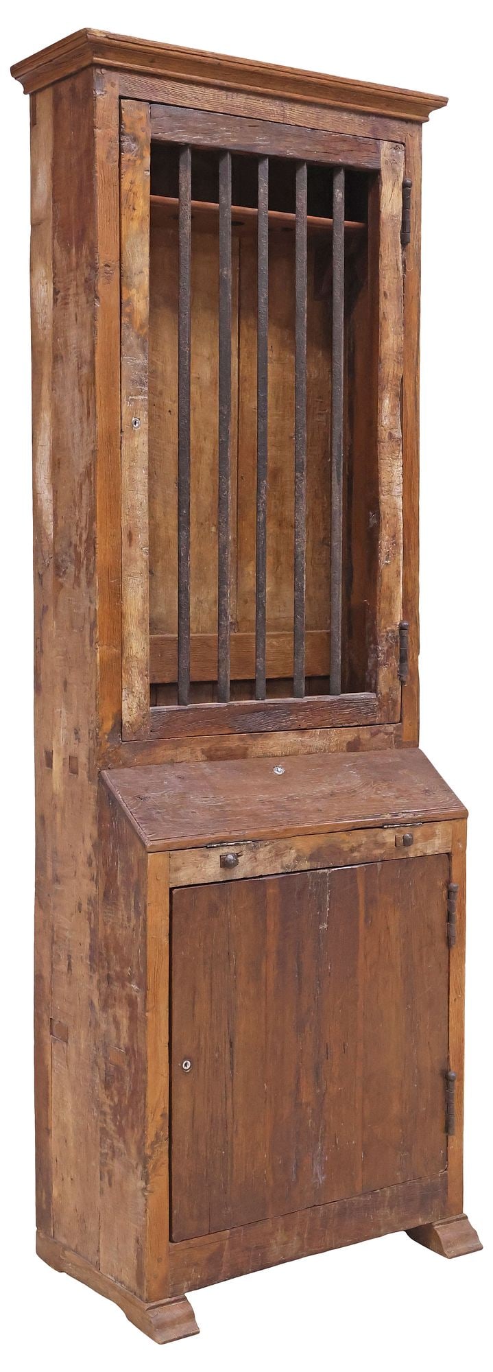 RUSTIC ITALIAN OAK GUN DISPLAY BUREAU / STORAGE CABINET: Rustic Italian oak bureau cabinet, early 20th c., now fitted as a gun display/ storage cabinet, having stepped cornice, over paneled cabinet door with wrought iron pillars, revealing shelved interior 