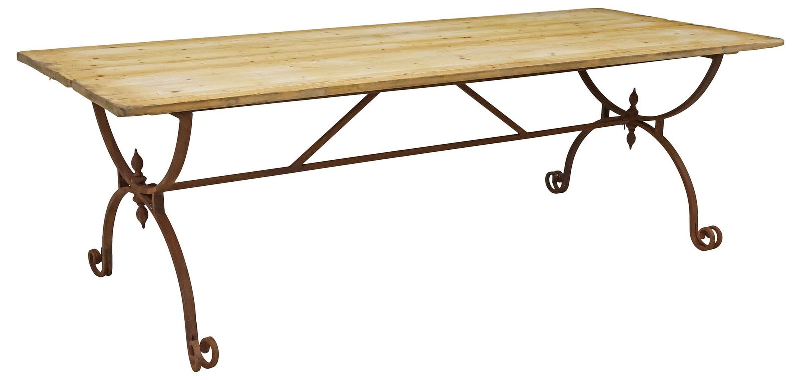 LARGE ENGLISH INDUSTRIAL STYLE PINE & CAST IRON WORK TABLE, 94"L: Large English Industrial style pine work table, 20th c., having three-plank top, raised on stretcher-joined cast iron base, ending on scroll feet, approx 30"h, 94.5"w, 37.5"d, floor to bottom of apron