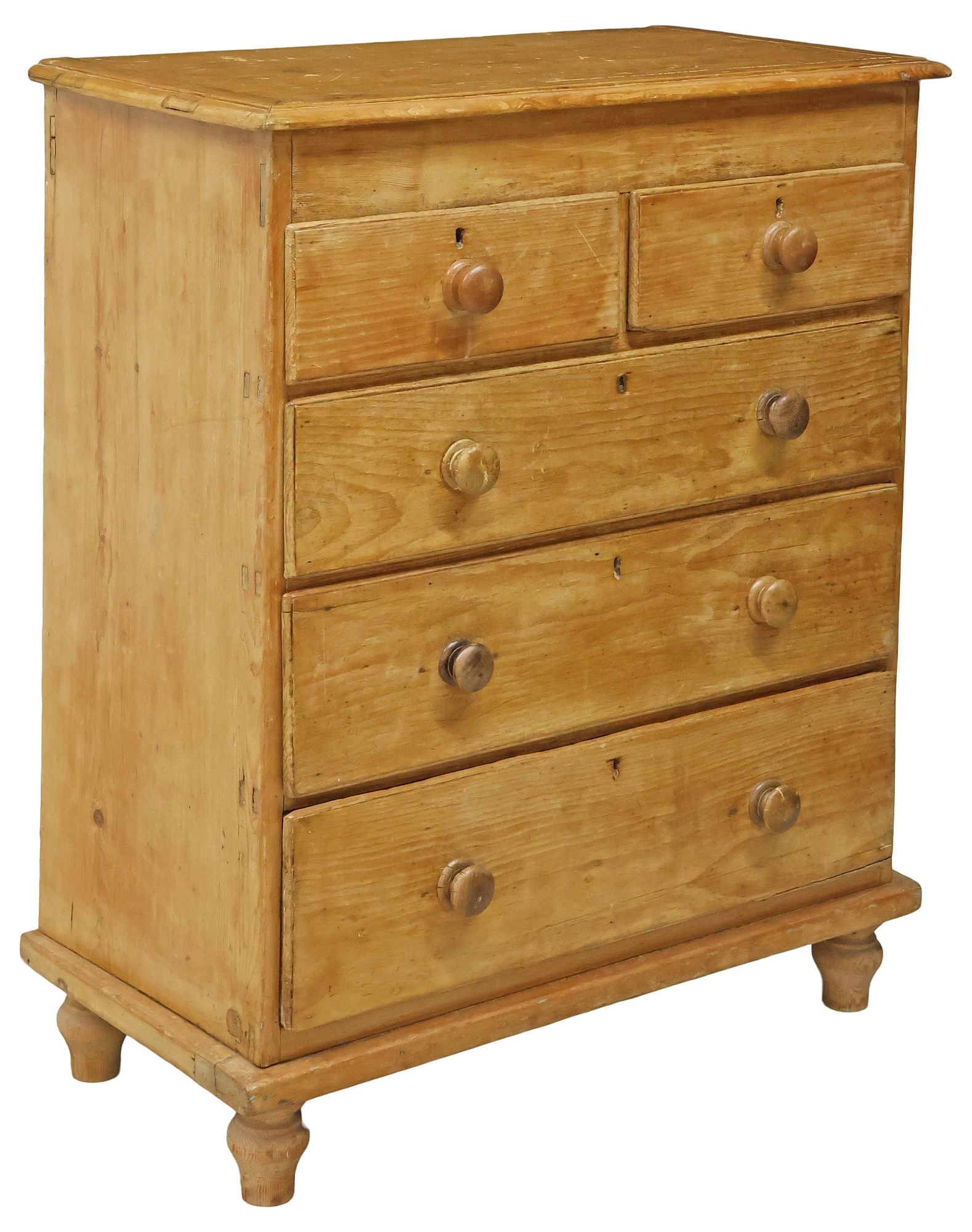 ENGLISH VICTORIAN PINE TALL CHEST OF DRAWERS: English Victorian pine chest of drawers, 19th c., molded-edge rectangular top, over two short drawers, and three long drawers, rising on turned supports, approx 46"h, 38.5"w, 19.5"d