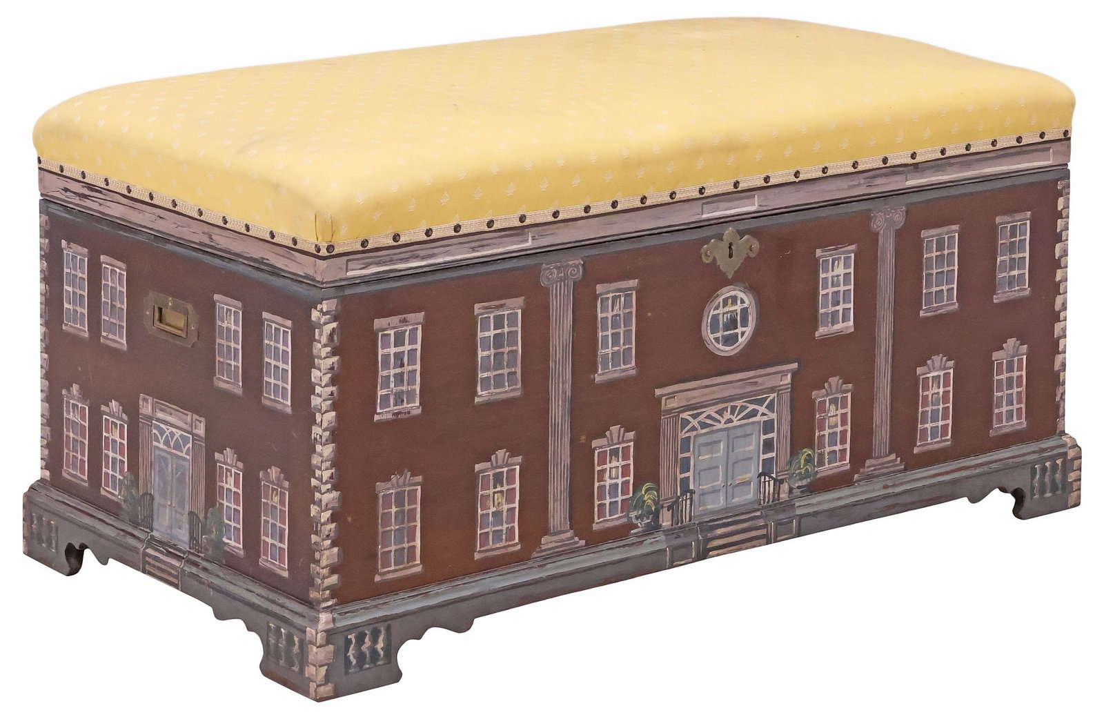 ENGLISH UPHOLSTERED & PAINTED HOUSE FACADE WINDOW BENCH / CHEST: English paint-decorated mahogany window bench/ storage chest, early 20th c., the exterior later painted as a Georgian style house facade, hinged top with padded seat in a worn yellow fabric upholstery