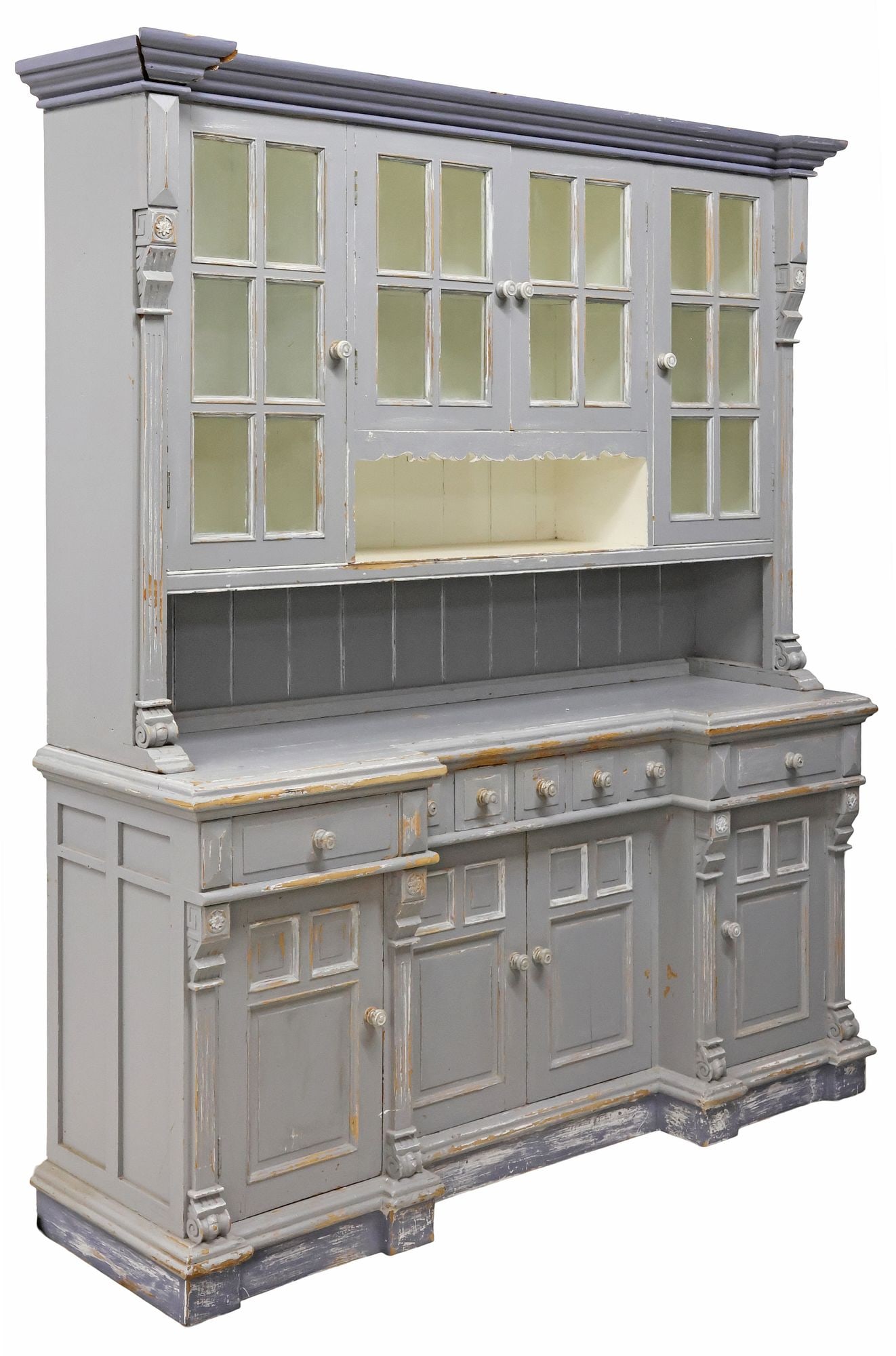 LARGE RUSTIC ENGLISH GRAY-PAINTED PINE KITCHEN DRESSER & RACK: Rustic English painted-decorated pine kitchen dresser and rack/ sideboard, early 20th c., in a later intentionally distressed gray-painted finish, step-molded cornice, over upper rack with four glazed