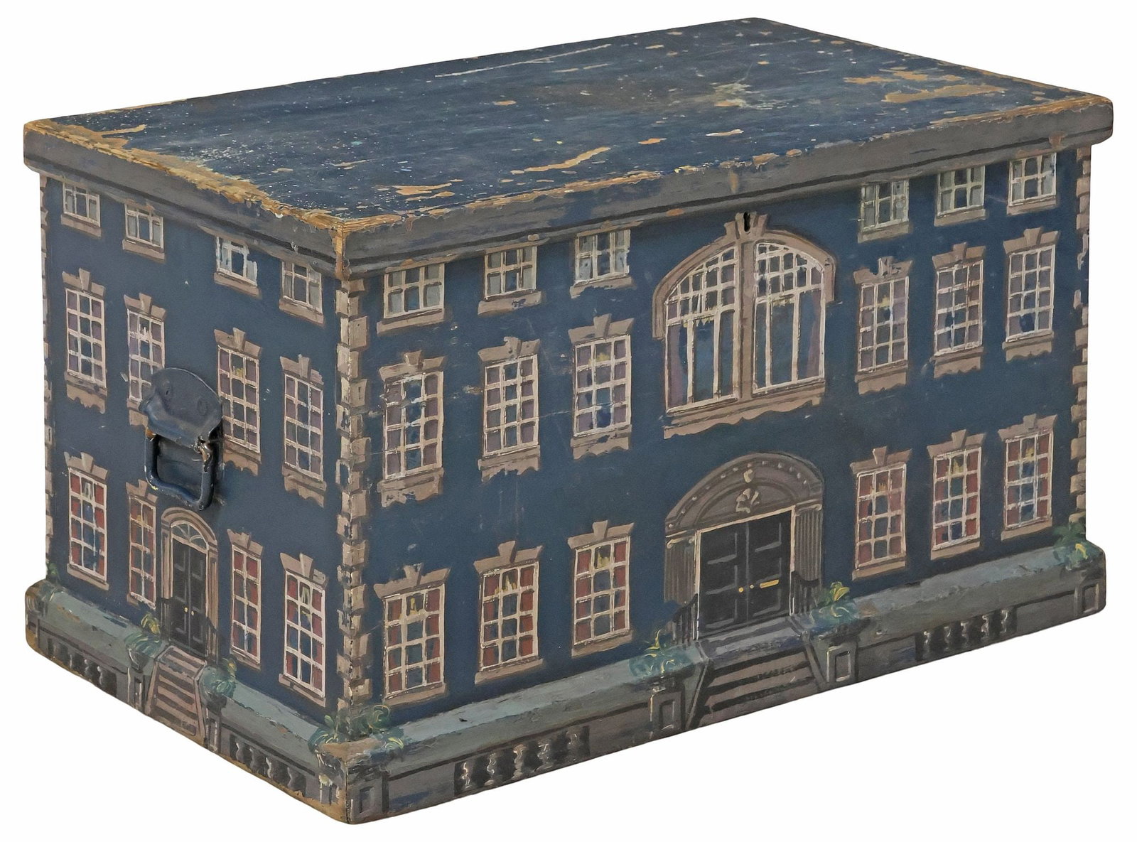 ENGLISH PAINT-DECORATED PINE HOUSE FACADE BLANKET BOX / STORAGE CHEST: English paint-decorated pine storage trunk or blanket box, late 19th c., the exterior later painted as a Georgian style house facade, hinged lid revealing open interior storage, flanked by dual iron s