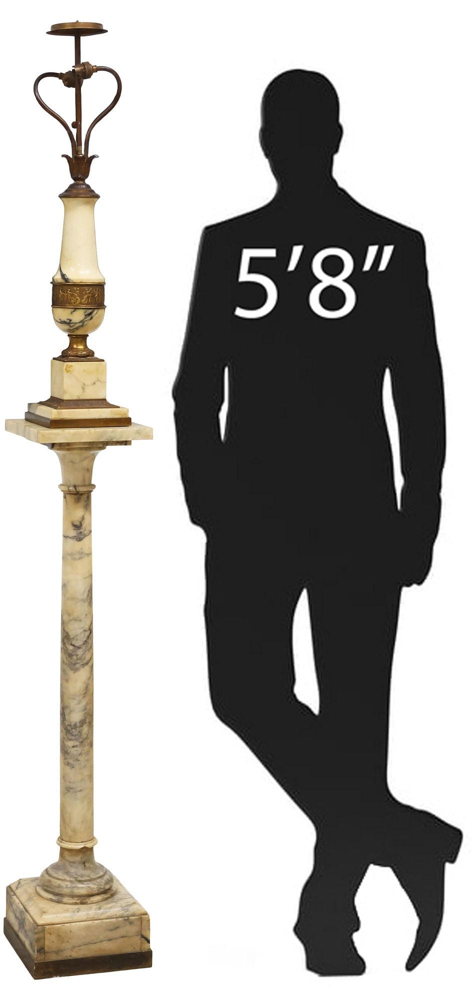 NEOCLASSICAL STYLE GILT-METAL & STONE 2-LIGHT FLOOR LAMP: Neoclassical style gilt-metal and stone two-light floor lamp, early 20th c., having urn-form standard issuing two scrolled arms, central relief with figural procession scene, rising on columnar pedest