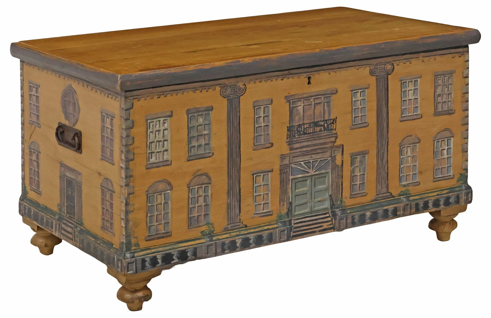 ENGLISH PAINT-DECORATED PINE HOUSE FACADE STORAGE CHEST / BLANKET BOX: English paint-decorated pine storage trunk or blanket box, late 19th c., the exterior later painted as a Georgian style house facade, hinged top revealing open interior storage, with shallow side till
