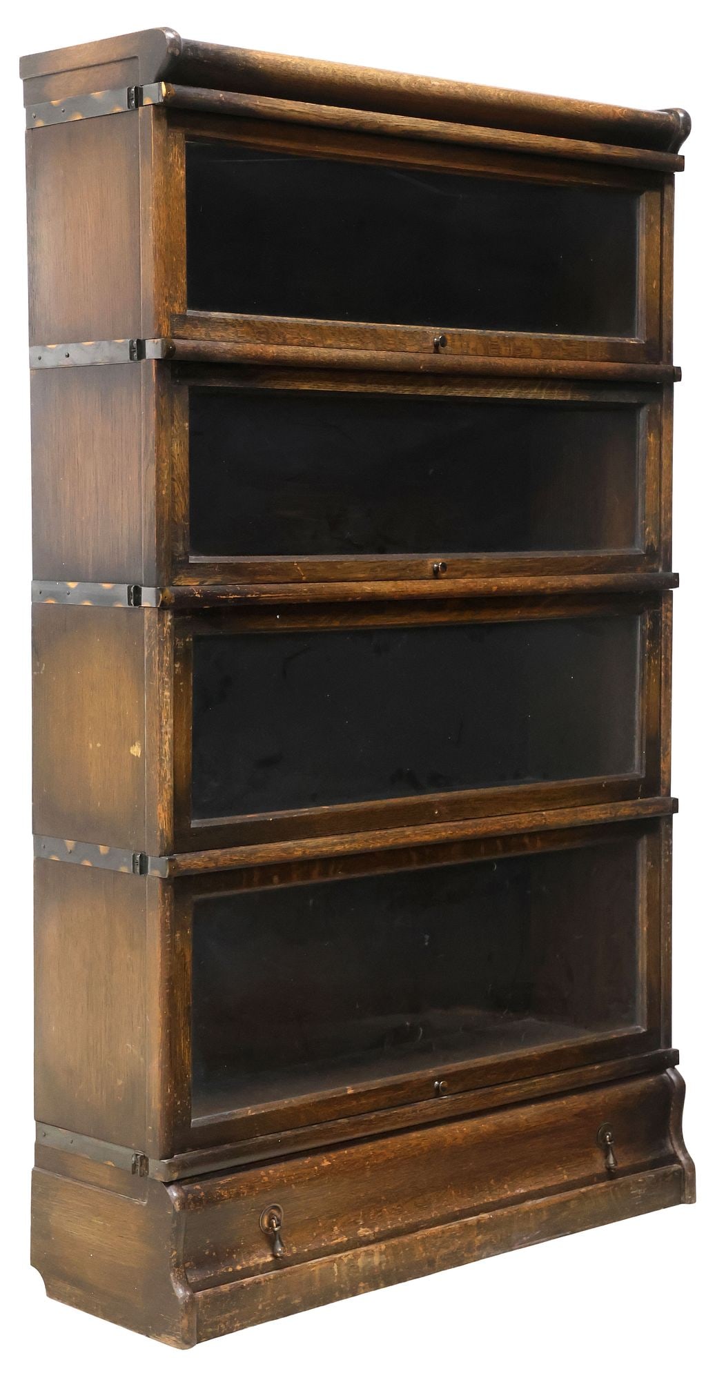 ENGLISH OAK & GLASS 4-STACK BARRISTER'S BOOKCASE: English oak lawyer's stacking bookcase, early 20th c., comprising four tiers with retractable glazed doors ,sides bound with metal strapping, rising on conforming base fitted with single drawer, appro