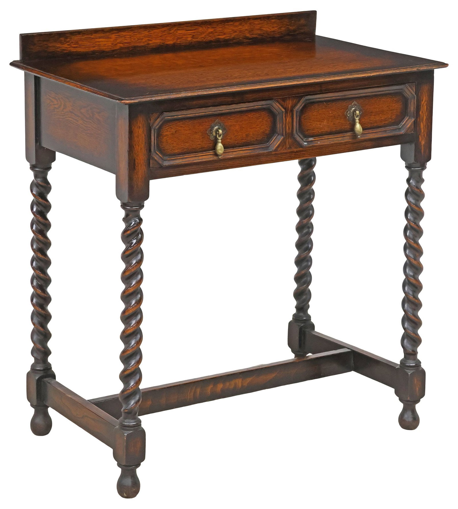 ENGLISH EDWARDIAN OAK BARLEY TWIST WRITING TABLE: English Edwardian oak writing table, early 20th c., having rectangular top with raised back, above two paneled drawers, raised on stretcher-joined barley twist supports, approx 32.5"h, 29.5"w, 18"d, f
