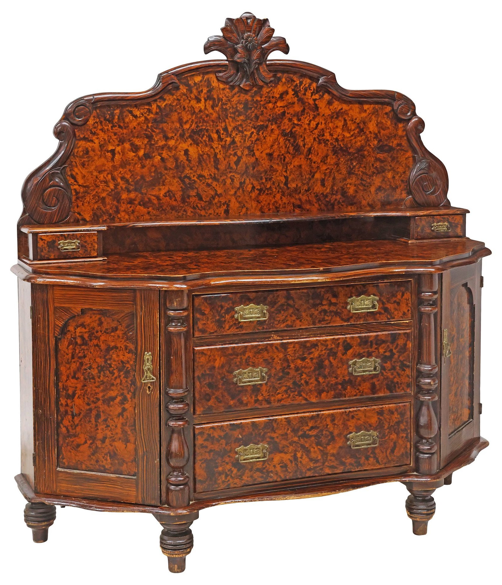 ENGLISH VICTORIAN GRAIN-PAINTED PINE CREDENZA / SIDEBOARD: English Victorian paint-decorated pine credenza cabinet/ sideboard, late 19th c., in a grain and burl painted finish, scrolled backsplash with floral and foliate crest, issuing open shelf and two smal