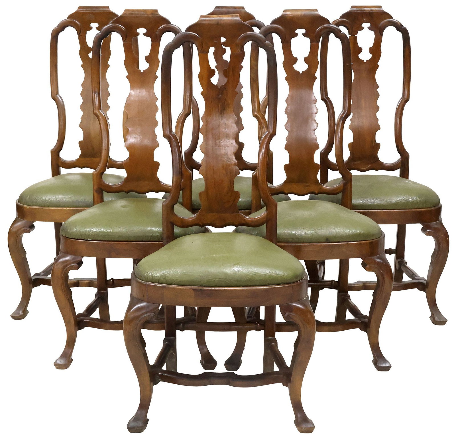 (6) PORTUGUESE LEATHER-UPHOLSTERED WALNUT DINING CHAIRS: (lot of 6) Portuguese walnut side chairs, Spain, late 19th c., each having pierced splat, over green leather-upholstered slip seat, rising on stretcher-joined cabriole legs, approx 45"h, 21"w, 19"d, s