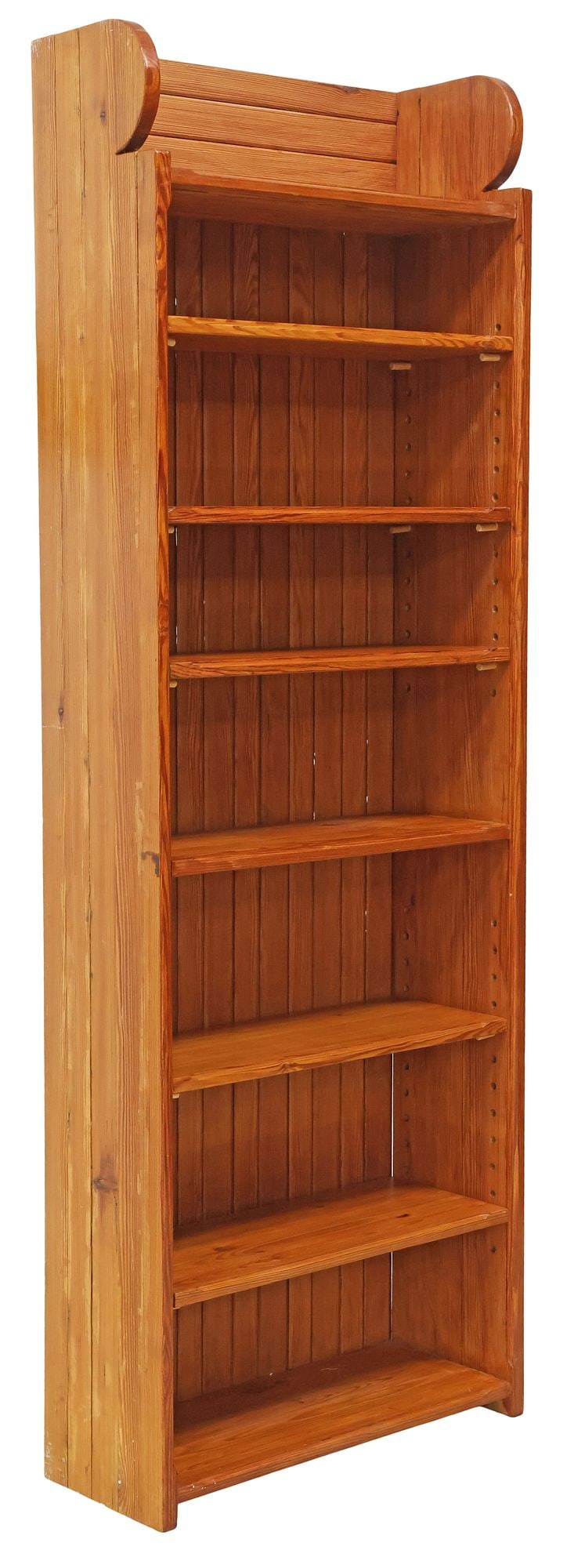 ENGLISH EDWARDIAN STAINED PINE OPEN BOOKCASE: English Edwardian stained pine bookcase, early 20th c., rectangular case with raised gallery, over six adjustable shelves, on straight supports, approx 84"h, 29"w, 11.75"d