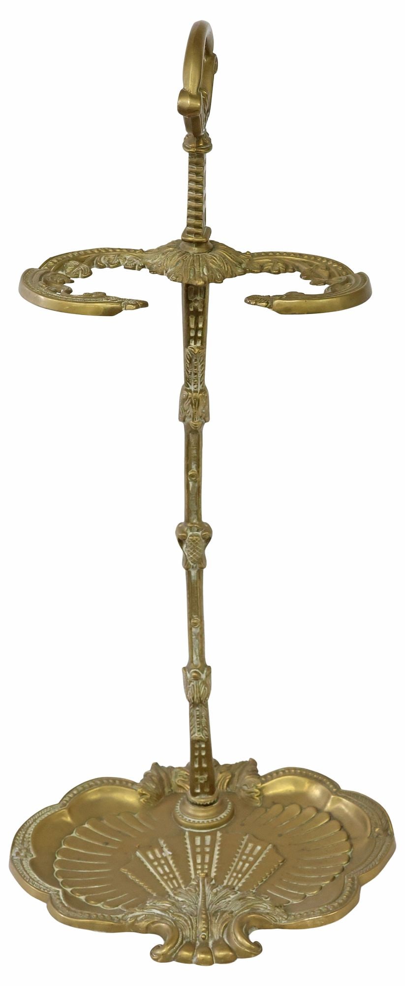 ENGLISH BRASS UMBRELLA / STICK STAND WITH IVY MOTIFS: English brass umbrella/ stick stand, early 20th c., having arched finial over foliated standard, issuing dual arms with scrolled ivy motifs, over shaped drip pan with beaded trim, approx 27.75"h, 13"w