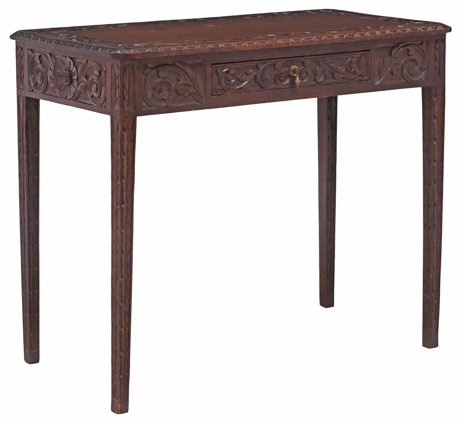 ENGLISH VICTORIAN FOLIATE-CARVED OAK CONSOLE TABLE: English Victorian carved oak console table, late 19th c., rectangular top with carved scrolling foliate vinery, fitted with single drawer, rising on tapered square legs, approx 28.75"h, 34.5"w, 17"d