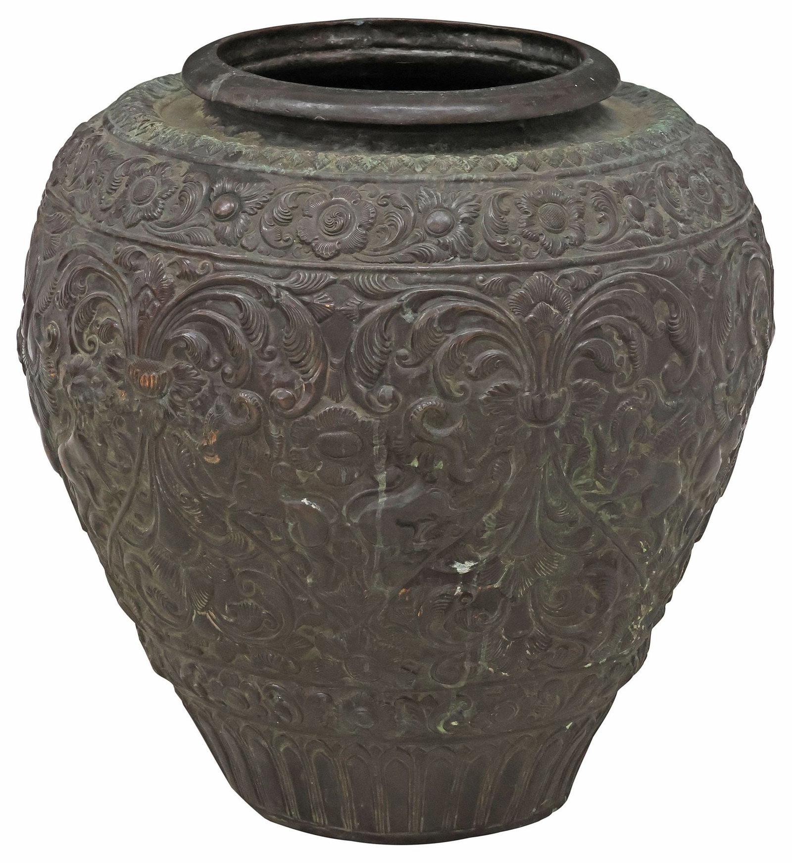 LARGE INDO-PERSIAN REPOUSSE PATINATED METAL JARDINIERE / PLANTER: Indo-Persian patinated metal jardiniere/ planter, of tapering bulbous form, with repousse scrolling foliates and singha guardian lions, approx 23.5"h, 21.5"diam, 22lbs