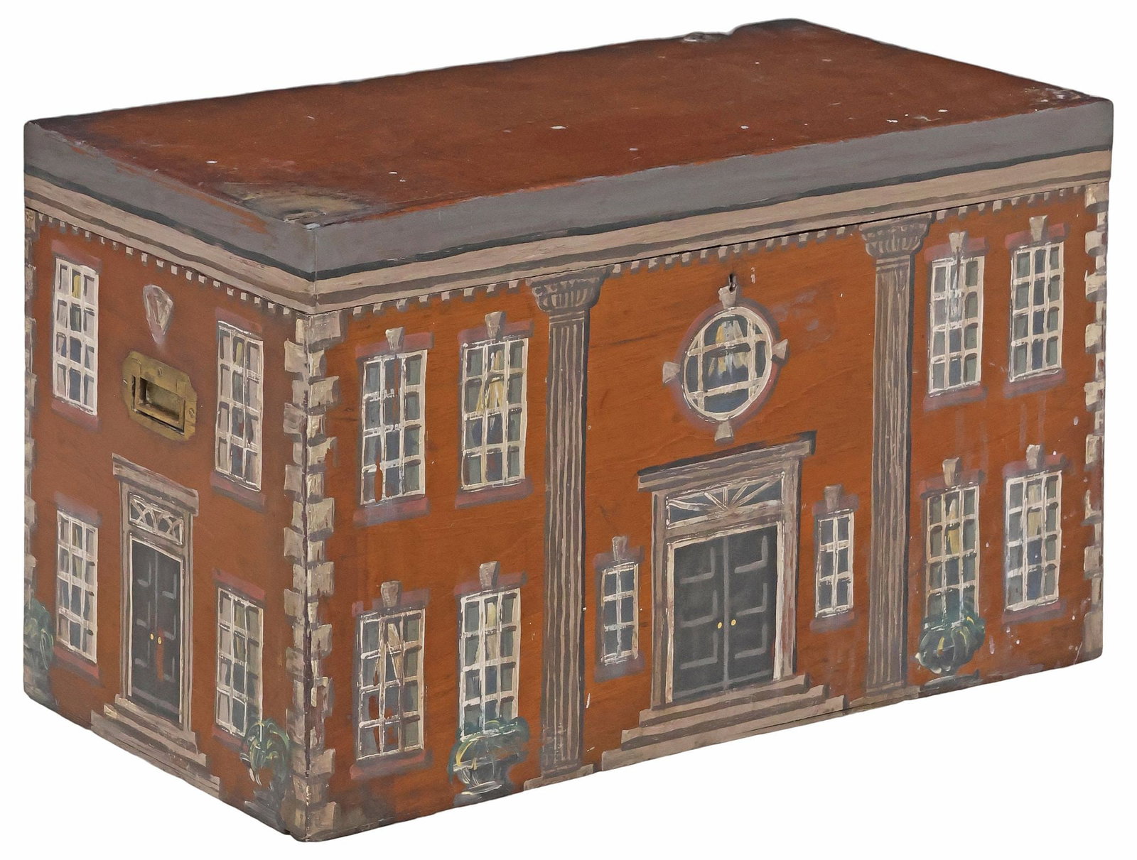 ENGLISH PAINT-DECORATED MAHOGANY HOUSE FACADE WORK BOX: English paint-decorated mahogany work box, 19th c., the exterior later painted as a Georgian style house facade, hinged lid revealing felt-lined divided interior, flanked by collapsible campaign style