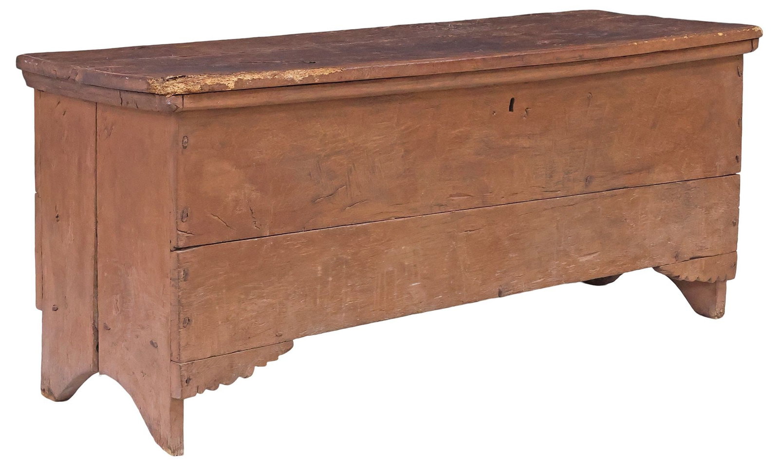 RUSTIC ITALIAN RECTANGULAR WOOD STORAGE BIN / CHEST: Rustic Italian wood chest/ storage bin, 18th/ 19th c., rectangular case with hinged top, revealing divided interior, on bracket feet, approx 27"h, 63"w, 21"d