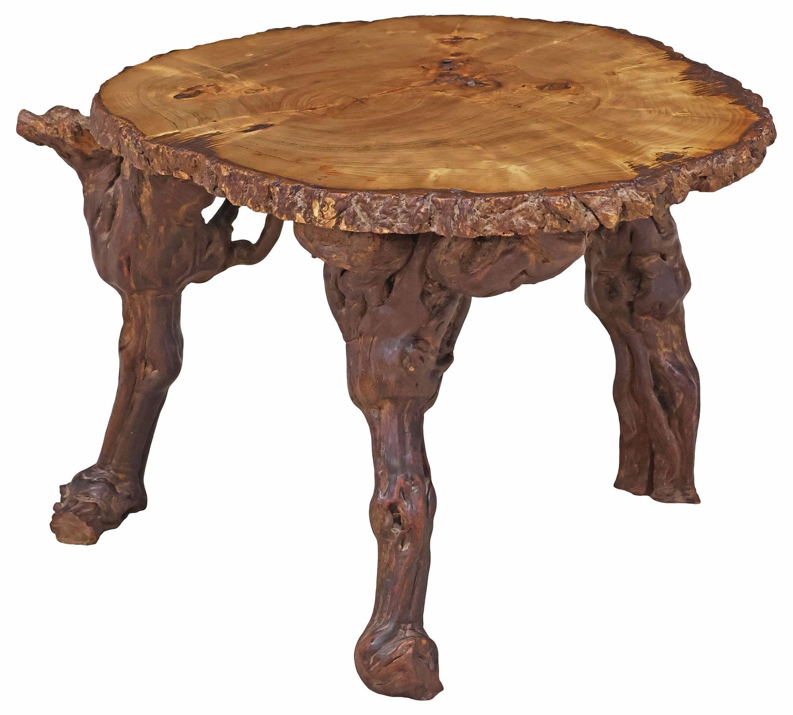 RUSTIC LIVE-EDGE BURLWOOD & LOG FREEFORM SIDE TABLE: Rustic live edge burlwood side table, 20th c., having freeform slab top, raised on sculptural log-form legs, approx 16"h, 25"w, 19"d