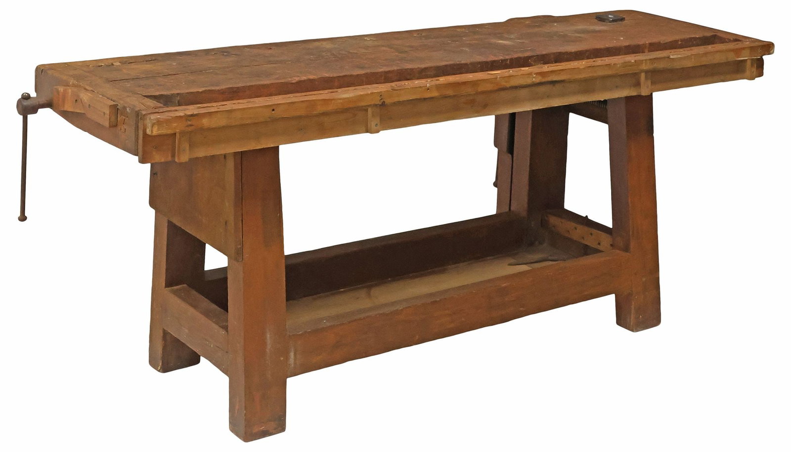 RUSTIC CONTINENTAL CRAFTSMAN'S WORK BENCH / TABLE, 19TH C.: Rustic Continental milled oak craftsman's work bench, 19th c., thick plank top with squared dog holes, threaded square nut, and tool trough, equipped at sides by tail and leg vise with iron lever, ris