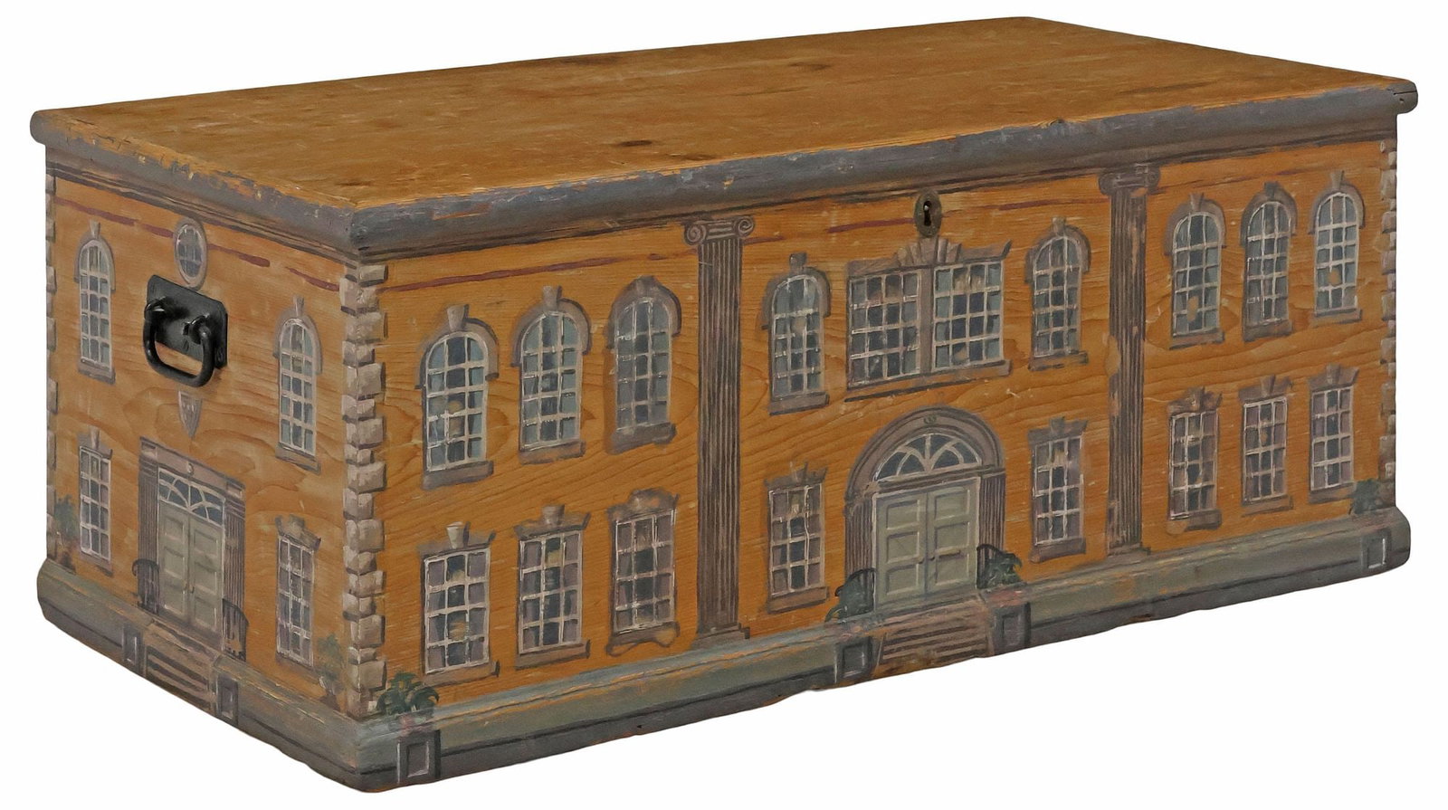 ENGLISH PAINT-DECORATED HOUSE FACADE TRUNK / BLANKET BOX: English Victorian pine storage box/ blanket chest, late 19th c., the exterior later painted as a Georgian house facade, hinged lid and dual iron handles, revealing open interior with small raised comp