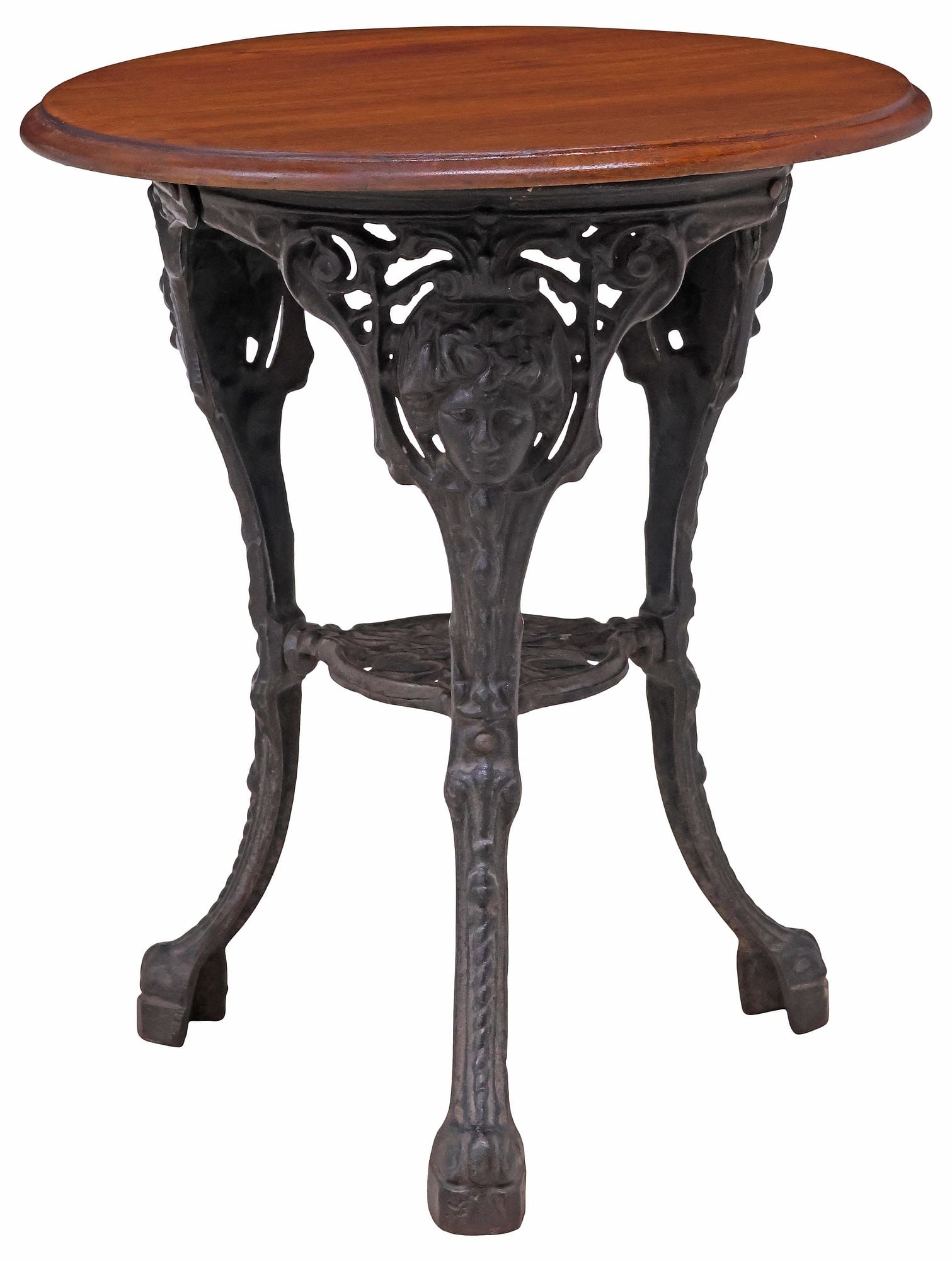 ENGLISH MAHOGANY-TOP CAST IRON PUB TABLE: English Edwardian pub table, early 20th c., circular mahogany top, raised on pierced cast iron base with figural masks, approx 28"h, 24"diam