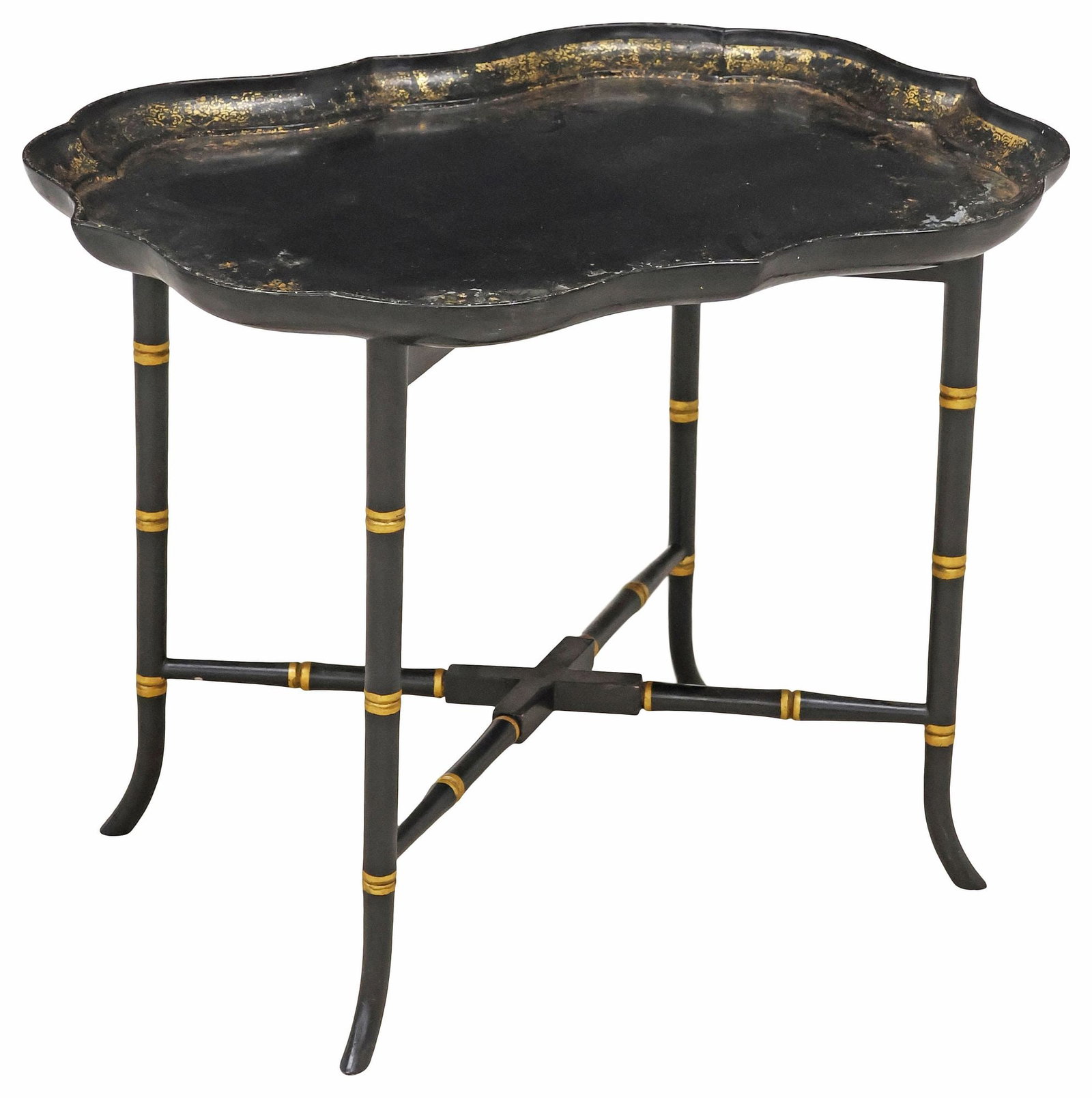VICTORIAN PARCEL-GILT & LACQUERED PAPIER-MACHE TRAY-TOP TABLE: English Victorian parcel gilt tray-top table, late 19th c., black lacquered papier-mache tray, rising on faux bamboo supports, with splayed feet, approx 19"h, 25.25"w, 19.5"d
