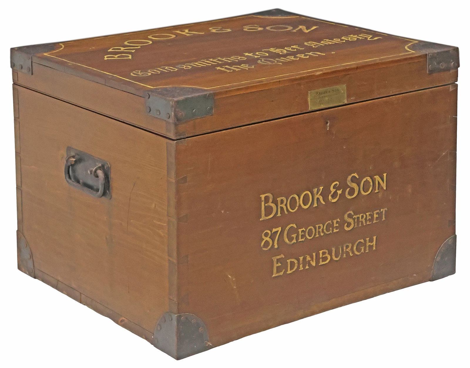 LARGE SCOTTISH IRON-BOUND MAHOGANY 'BROOK & SON' STORAGE TRUNK: Large Scottish paint-decorated mahogany storage trunk/ blanket box, late 19th c., the exterior later-painted with branded lettering, iron-clad hinged lid revealing open interior storage, dual side han