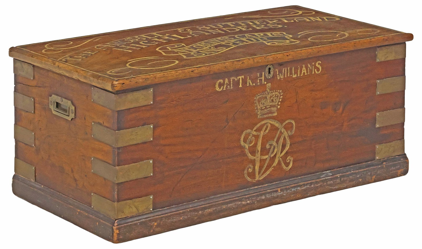 ENGLISH PAINTED & BRASS-BOUND MAHOGANY CAMPAIGN GAMES CHEST: English paint-decorated mahogany campaign games chest, mid 19th c., the exterior later painted with branding of the Argyll & Sutherland Highlanders infantry and Captain R.H. Williams, front facade wit
