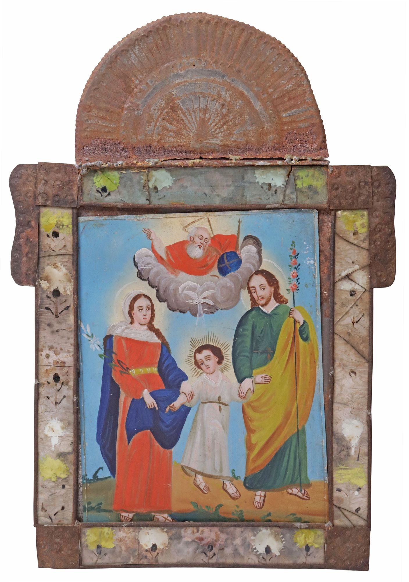 FRAMED OIL ON TIN RETABLO, LA SAGRADA FAMILIA (THE HOLY FAMILY), MEXICO: Framed oil on tin retablo, La Sagrada Familia (The Holy Family), Mexico, 19th c., depicting the Virgin Mary holding lilies, the Christ Child, Holy Spirit as a dove, the Heavenly Father enthroned in cl