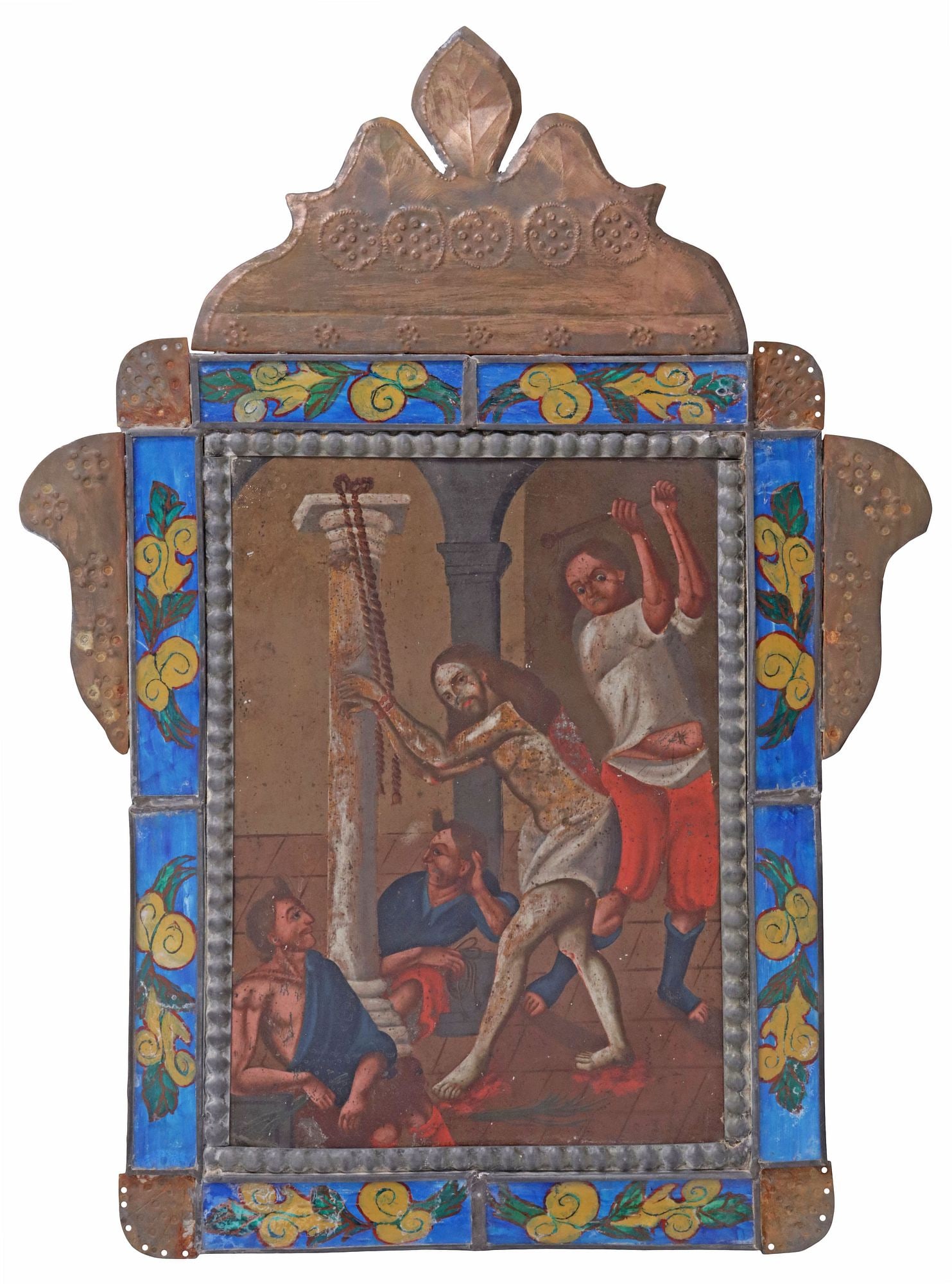 FRAMED OIL ON TIN RETABLO, THE FLAGELLATION OF CHRIST, MEXICO: Framed oil on tin retablo, Flagellation of Christ, Mexico, 19th c., depicting Christ tied to a column being struck by a Roman soldier with onlookers lounging, housed in embossed tin nicho/ frame inlai