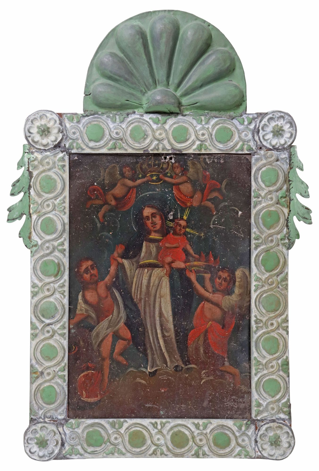 FRAMED OIL ON TIN RETABLO, OUR LADY OF LIGHT, MEXICO: Framed oil on tin retablo, Nuestra Senora de la Luz (Our Lady of Light), Mexico, 19th c., depicting the Virgin Mary holding the Christ Child lifting a soul from Purgatory flanked by angels, housed in 