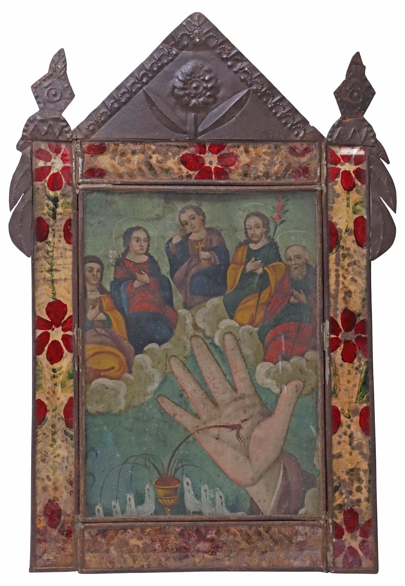 FRAMED OIL ON TIN RETABLO, LA MANO PANDEROSA (ALL-POWERFUL HAND), MEXICO: Framed oil on tin retablo, La Mano Poderosa (The All-Powerful Hand), Mexico, 19th c., depicting Christ's hand bleeding into a chalice with seven lambs drinking, accompanied by five holy figures enthro