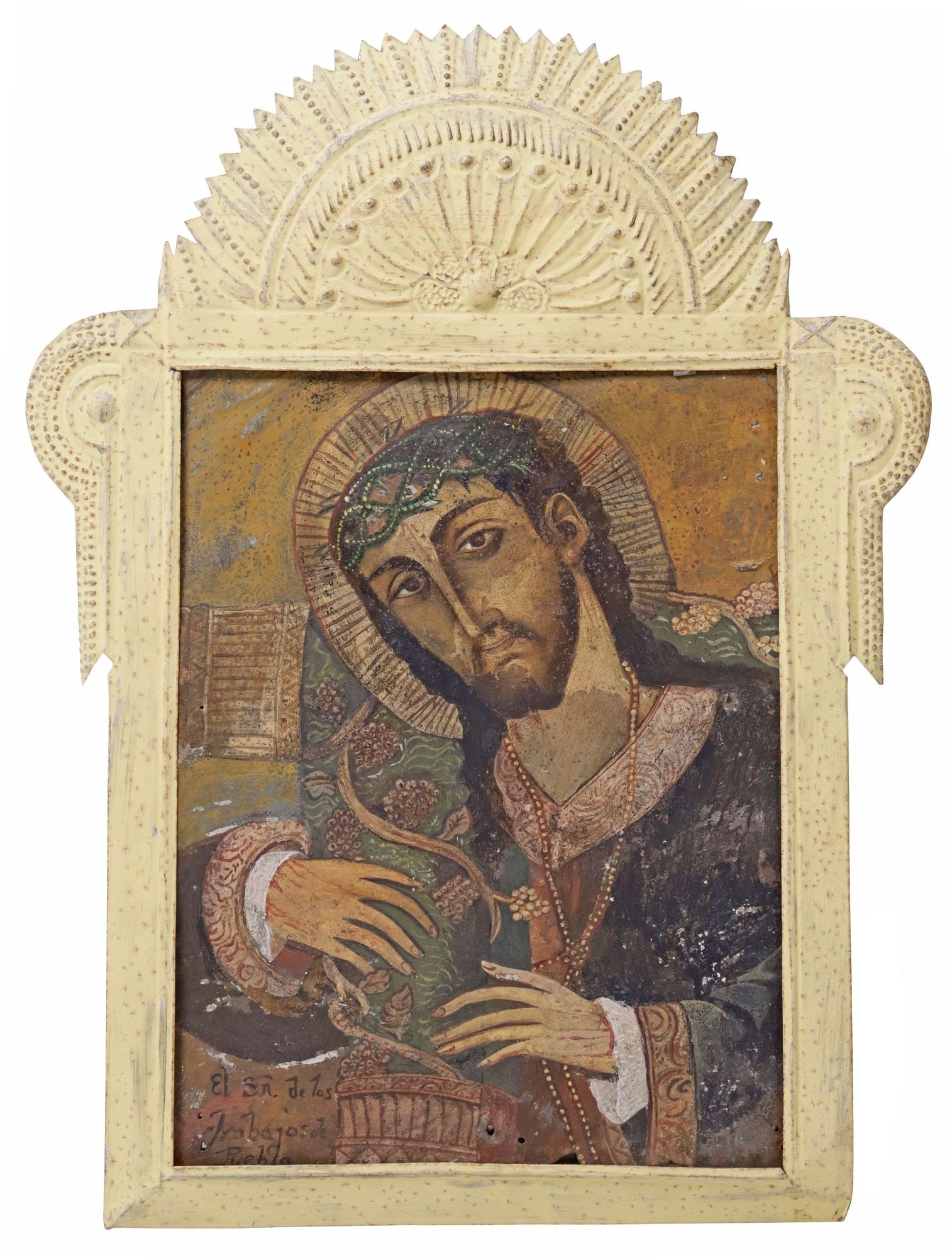 FRAMED OIL ON TIN RETABLO, SENOR DE LOS TRABAJOS (LORD OF LABORS), MEXICO: Framed oil on tin retablo, El Senor de los Trabajos of Puebla (The Lord of Labors of Puebla), Puebla, Mexico, 19th c., depicting Christ carrying an ornamented cross wearing the crown of thorns, titled
