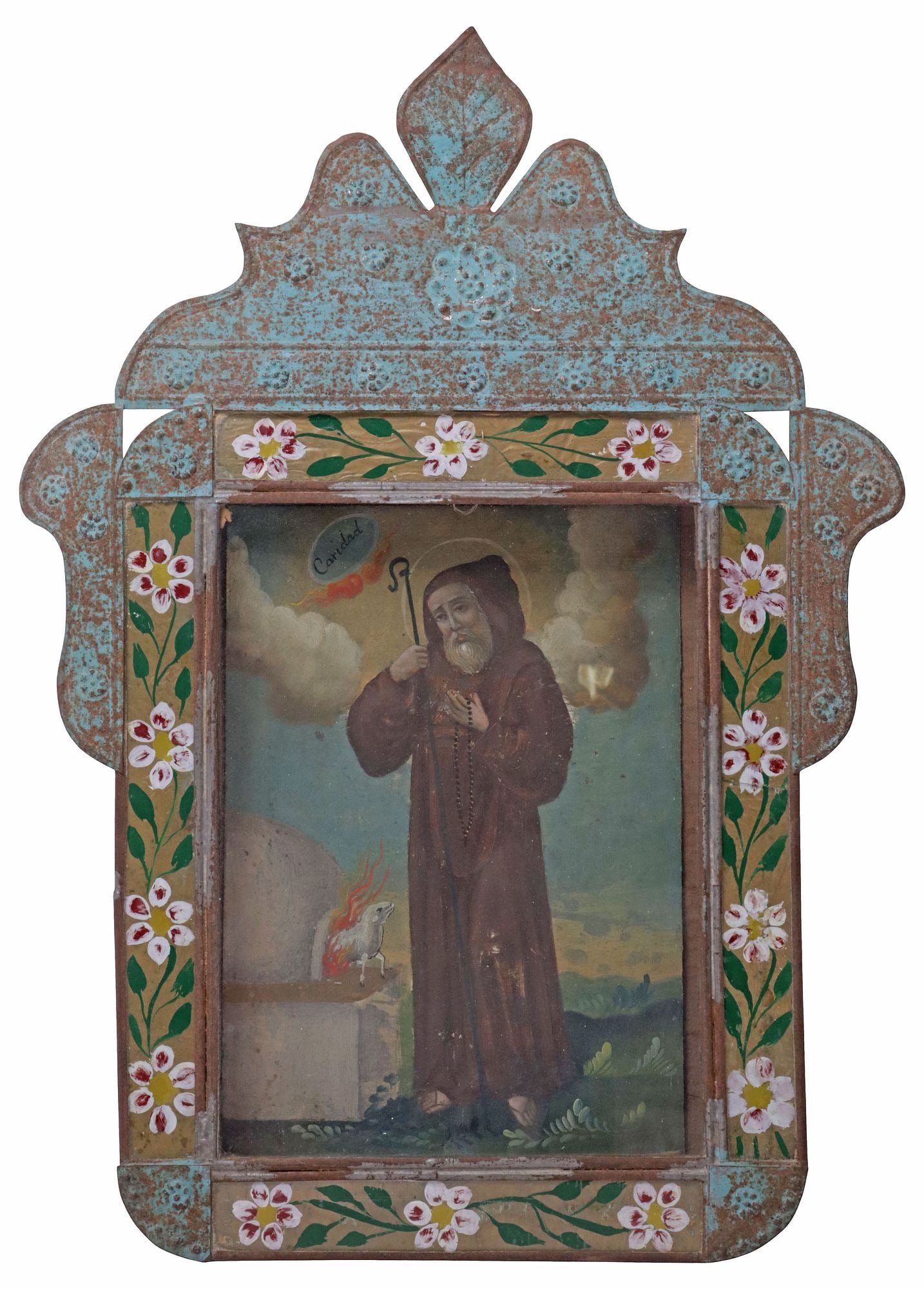FRAMED OIL ON TIN RETABLO, SAINT FRANCIS OF PAOLA, MEXICO: Framed oil on tin retablo, San Francisco de Paula (Saint Francis of Paola), Mexico, depicting the Saint holding shepherd's staff and rosary accompanied by lamb leaping out of an oven, "Caridad (Charit