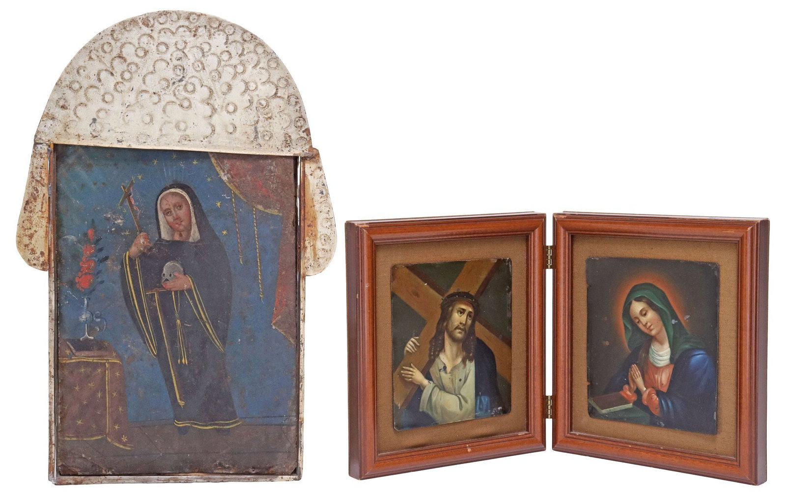 (2) OIL ON TIN RETABLOS, ST. RITA OF CASCIA & DIPTYCH OF CHRIST & VIRGIN MARY: (lot of 2) Framed oil on tin retablos, Mexico, 19th c., including: (1) Saint Rita of Casica, depicting the Saint in Augustinian nun's habit holding a crucifix and skull, housed in embossed nicho/ fram