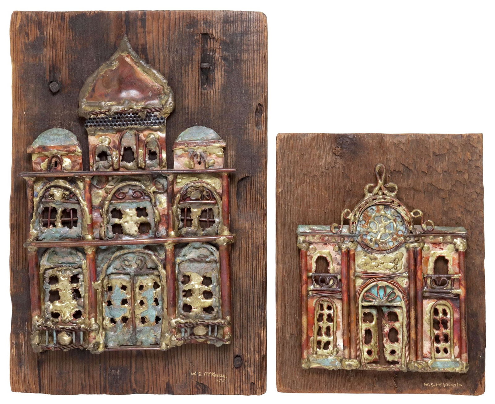 (2) WILLIAM S. McKENZIE (TEXAS, D.2020), CHURCH FACADE WALL SCULPTURES: (2) Patinated metal sculptures on wood panel, Church Facades, William S. McKenzie (American, Texas, 1929-2020), each with signature in bottom right, retaining artist label verso, including; (1) Cathed